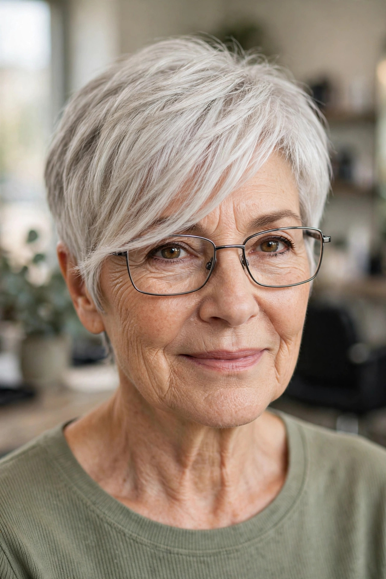 Long side bangs on a silver pixie with rectangular glasses on a woman over 50