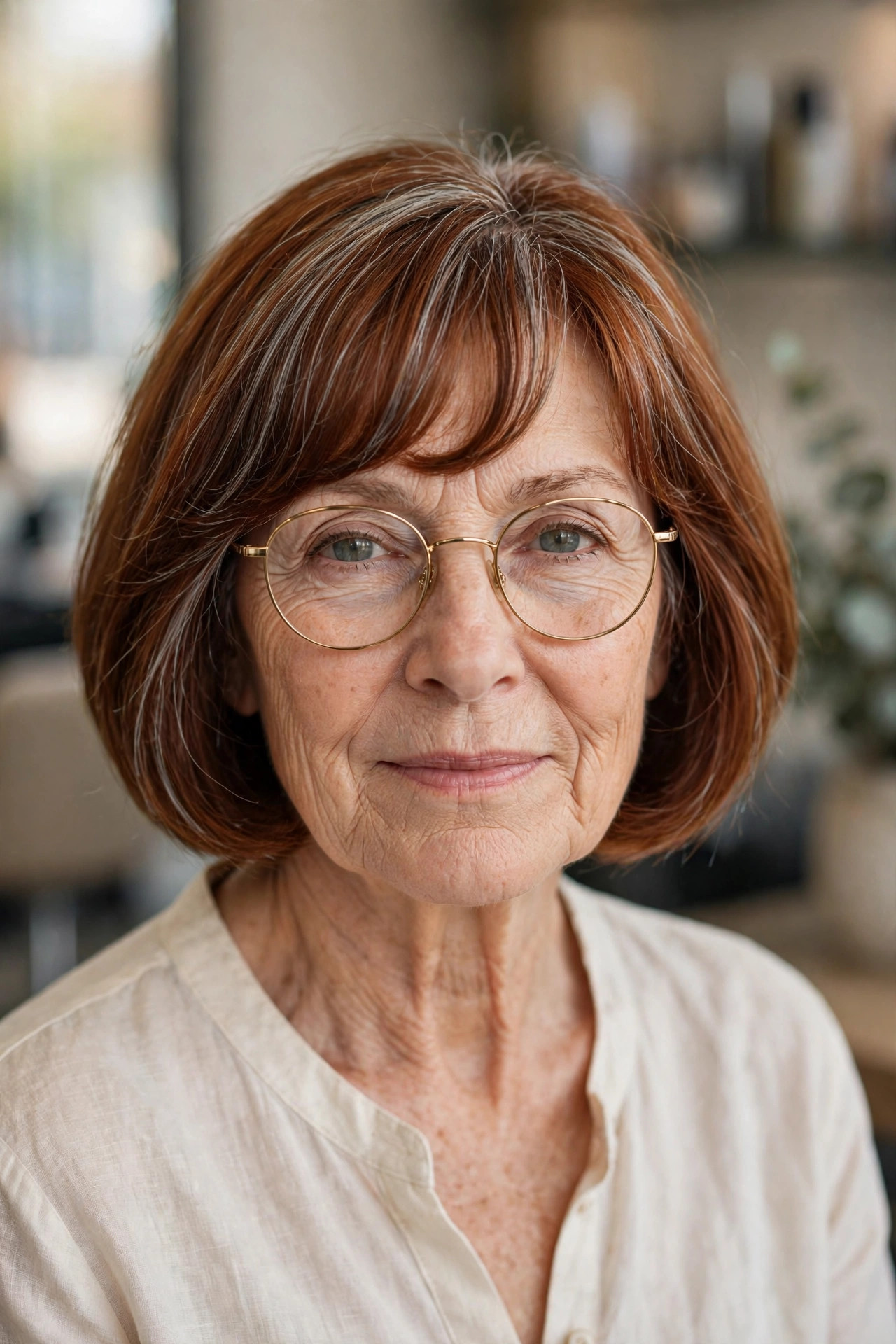 Arched bangs with round gold glasses on a woman over 50