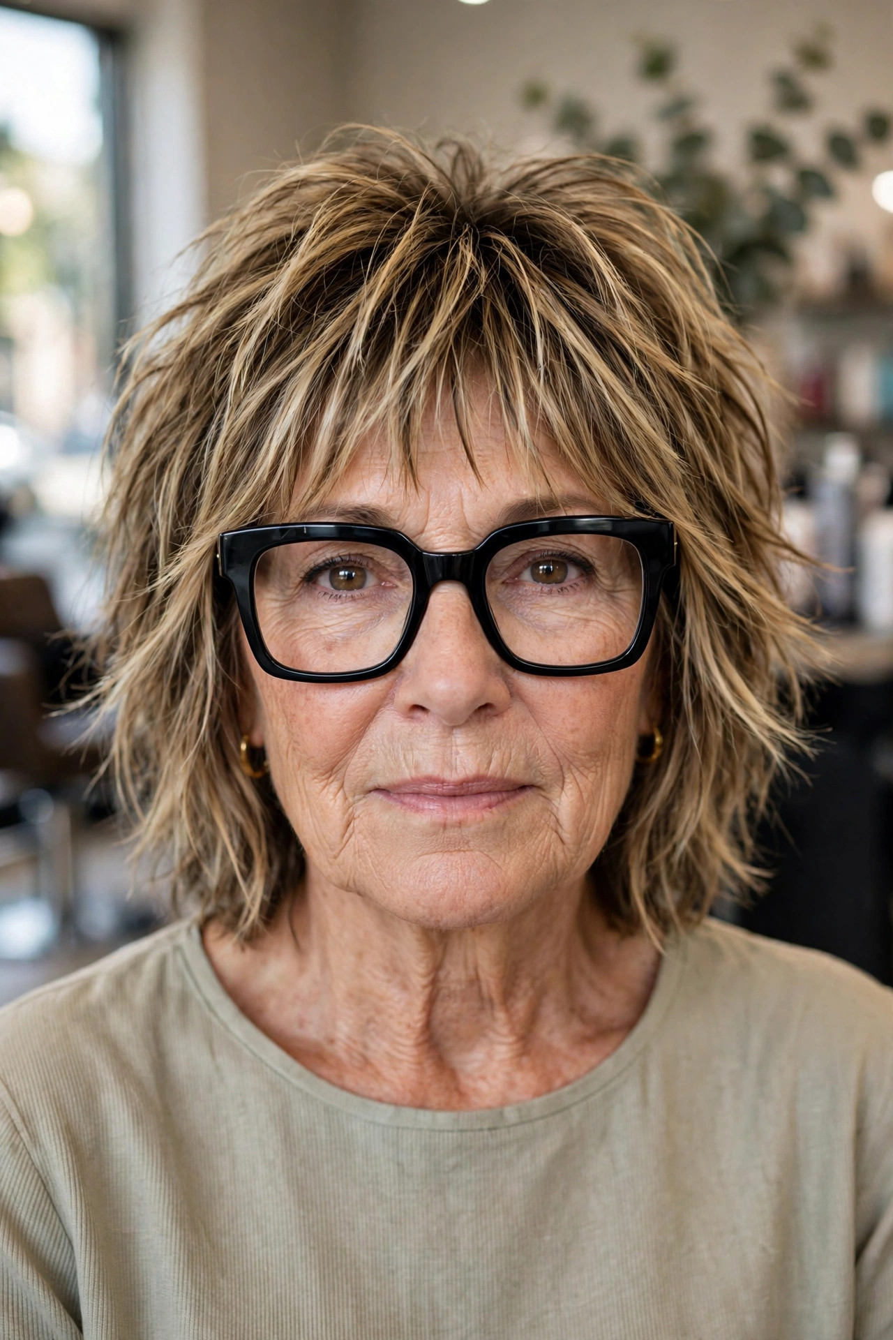 Choppy bangs on a shag with square glasses on a woman over 50
