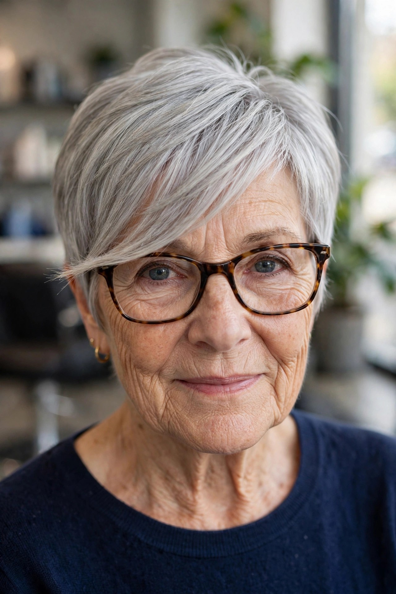 Side-Swept Bangs That Clear the Frames on a Pixie-Bob - bangs for a woman over 60 with glasses