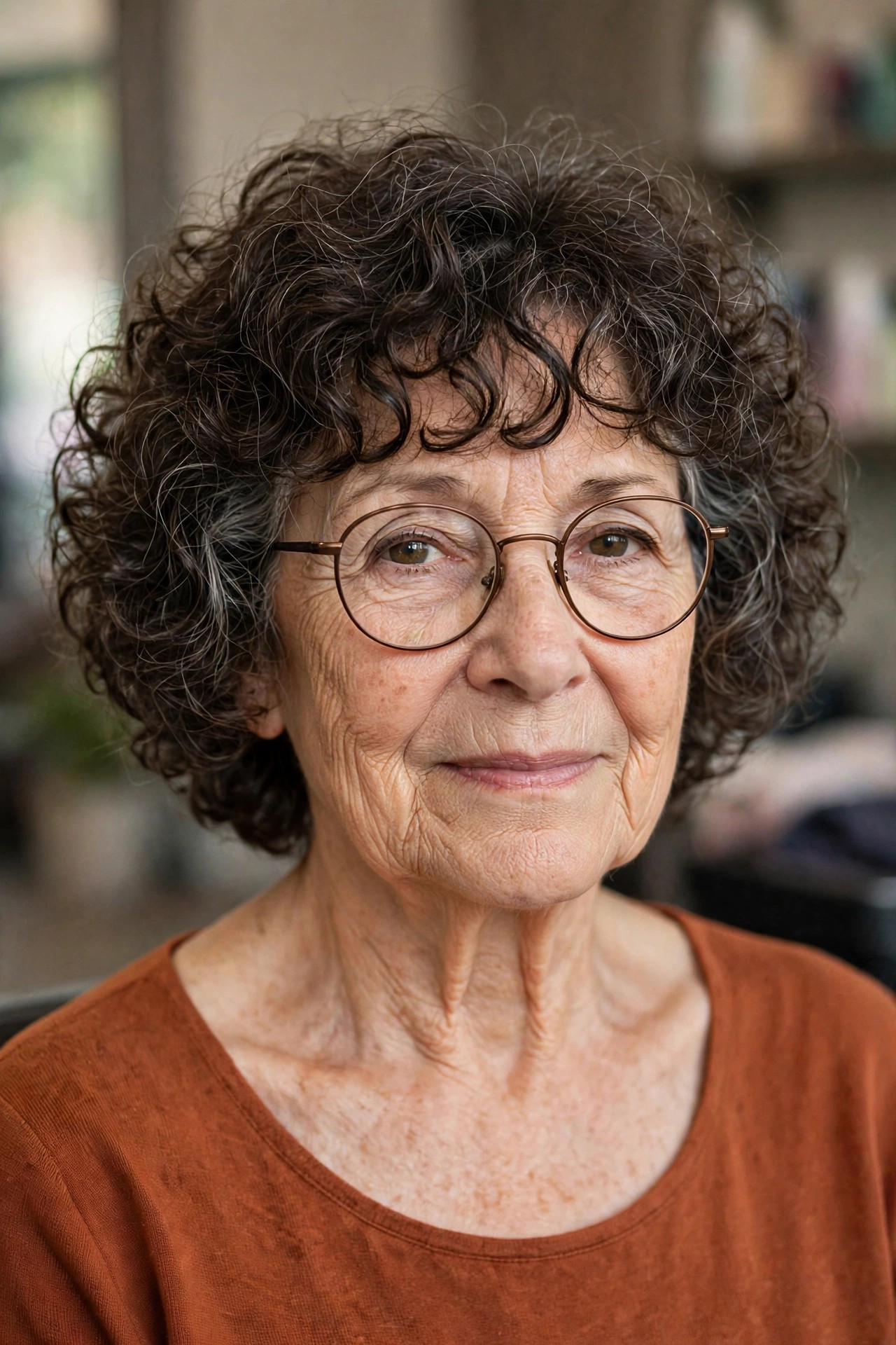 Curly Bangs With Clear Space Above Round Bronze Frames - bangs for a woman over 60 with glasses