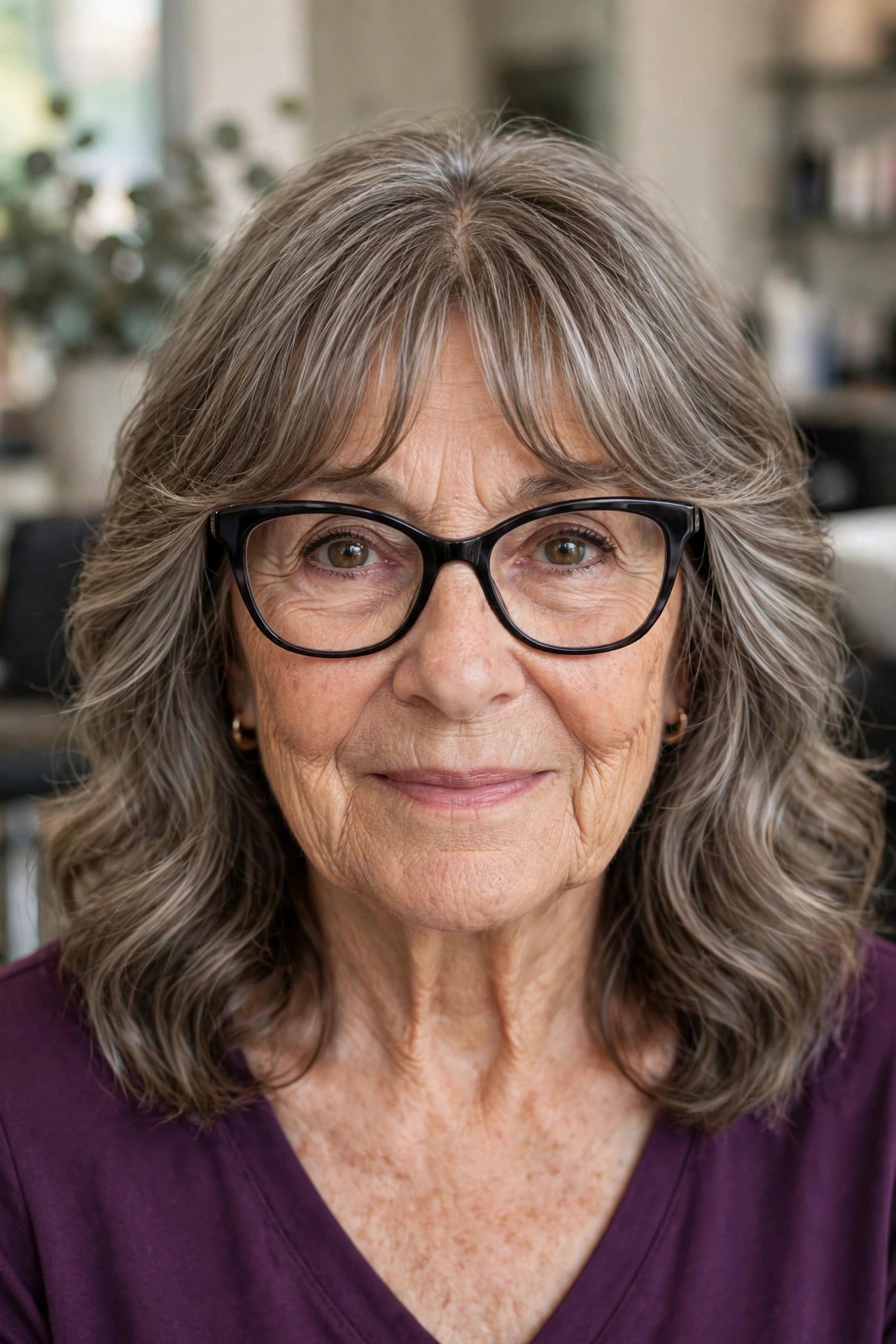 Bottleneck Bangs Curving Around Cat-Eye Frames on Wavy Hair - bangs for a woman over 60 with glasses