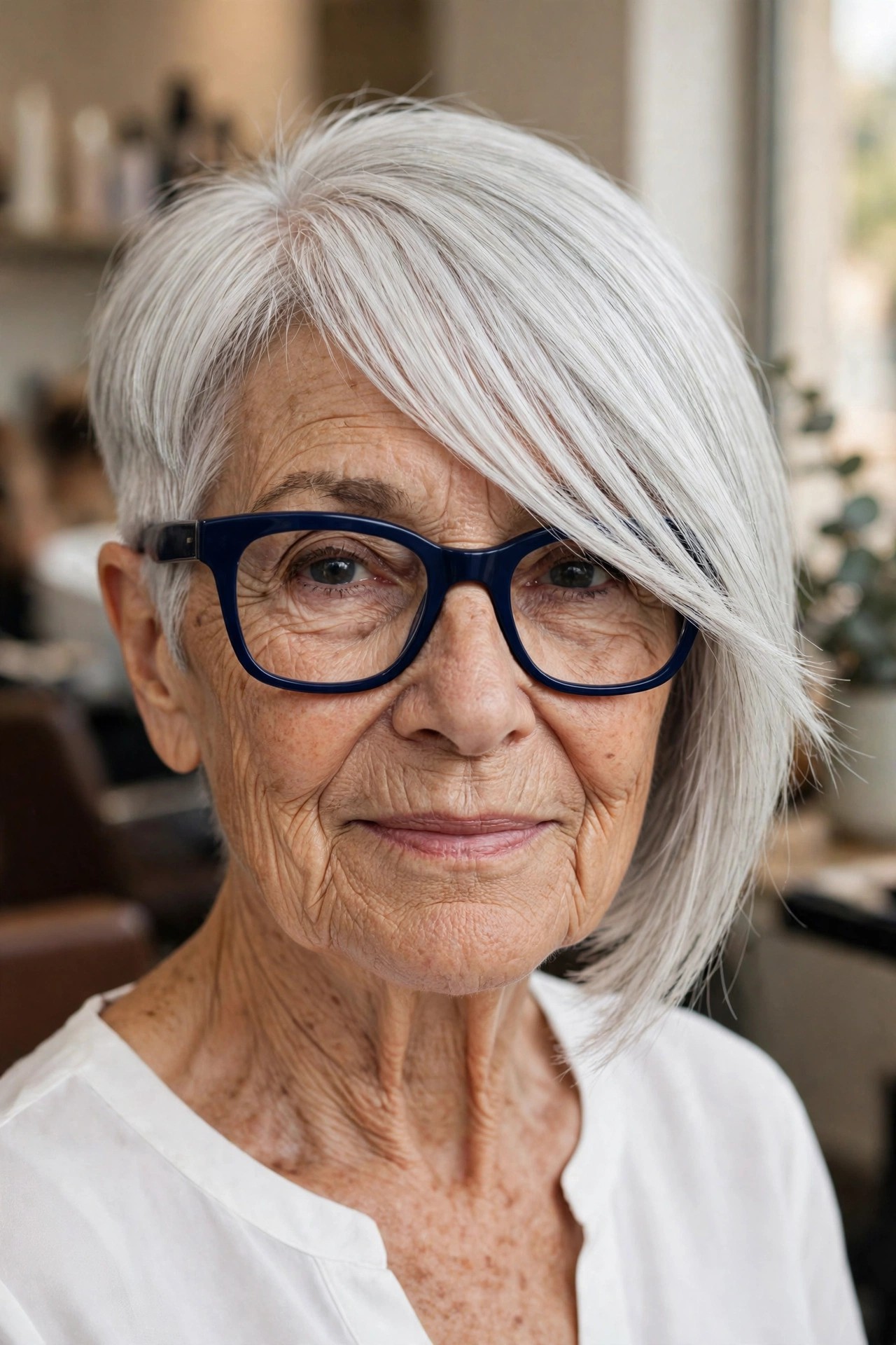 Diagonal Asymmetrical Bangs With Bold Navy Frames - bangs for a woman over 60 with glasses