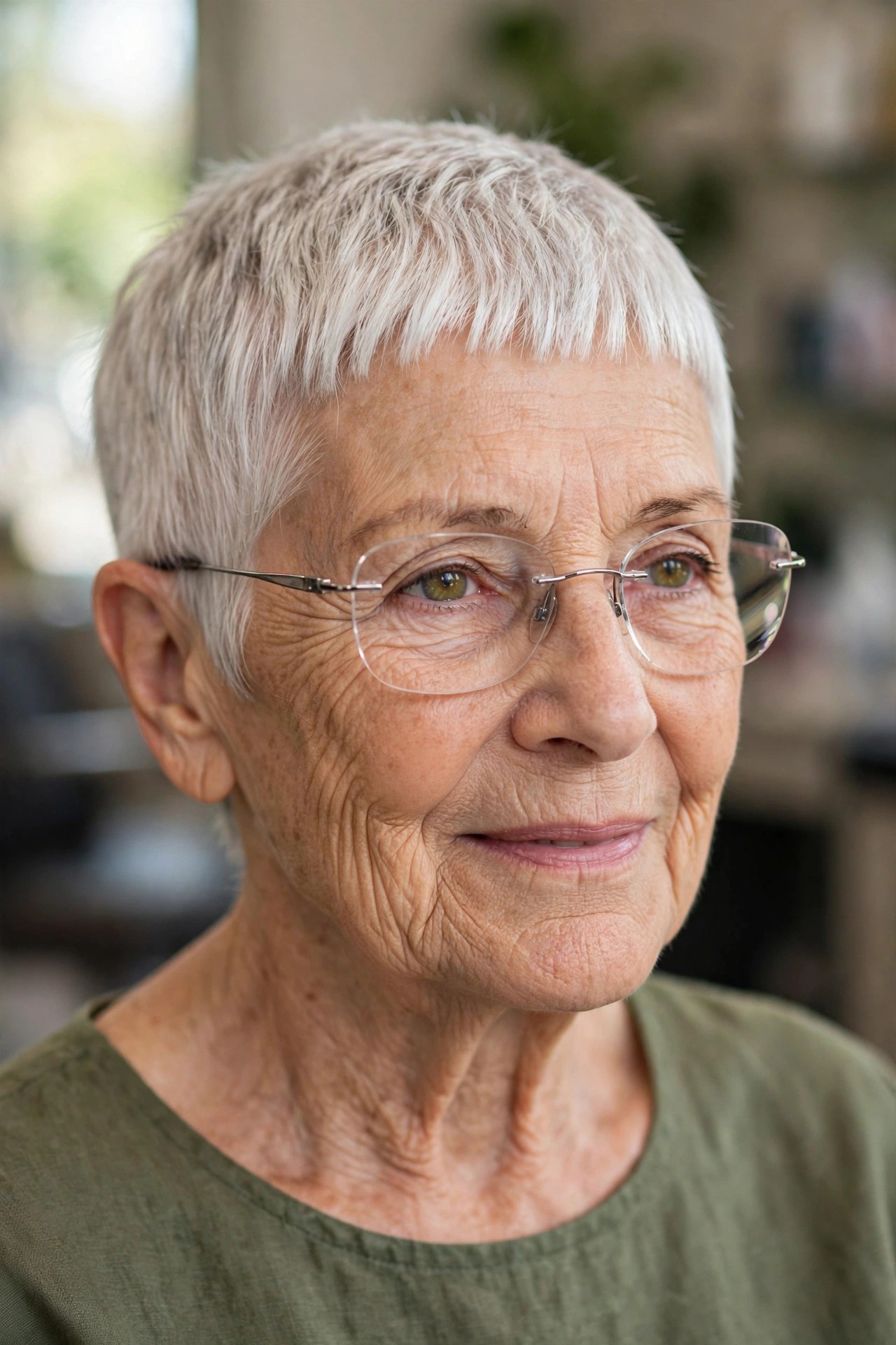 Short Cropped Fringe Well Above Rimless Glasses on a Pixie - bangs for a woman over 60 with glasses