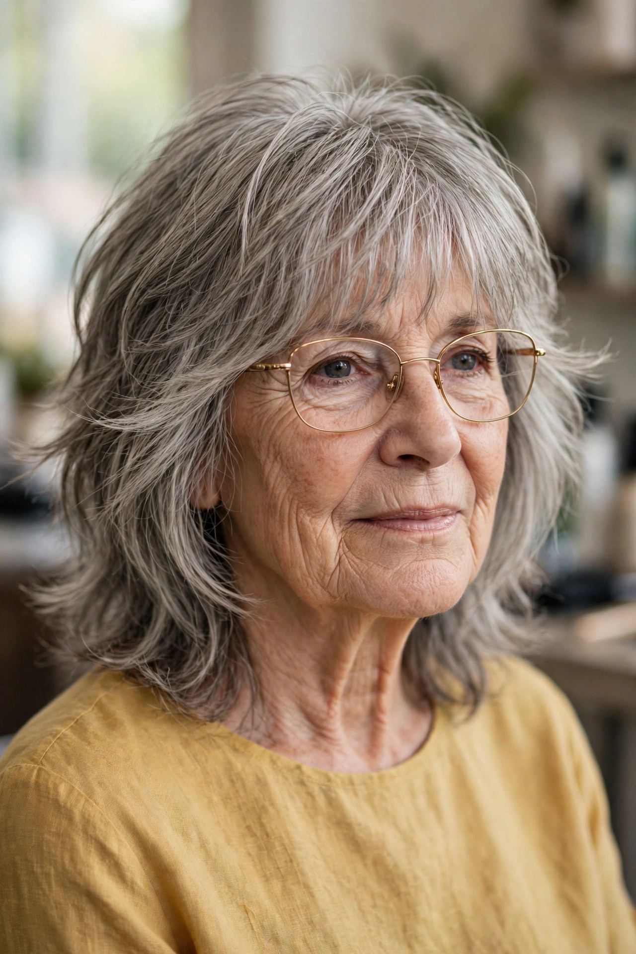 Long Wispy Bangs Swept Beside Gold Metal Frames on a Feathered Shag - bangs for a woman over 60 with glasses