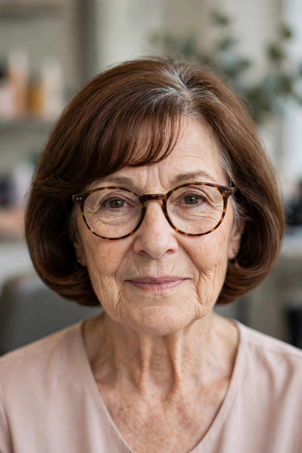 Rounded Bangs Echoing Round Tortoiseshell Frames on a Curved Bob - bangs for a woman over 60 with glasses