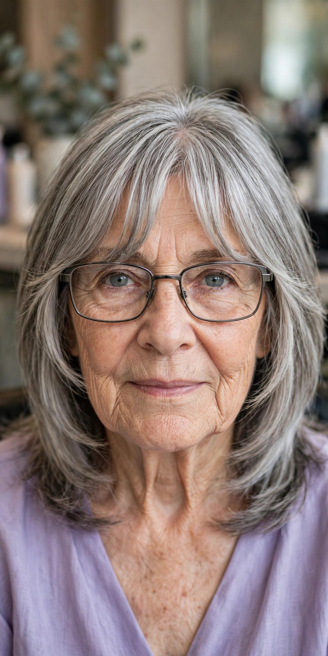 Side Curtain Bangs Framing Rectangular Glasses for Progressive Lenses - bangs for a woman over 60 with glasses