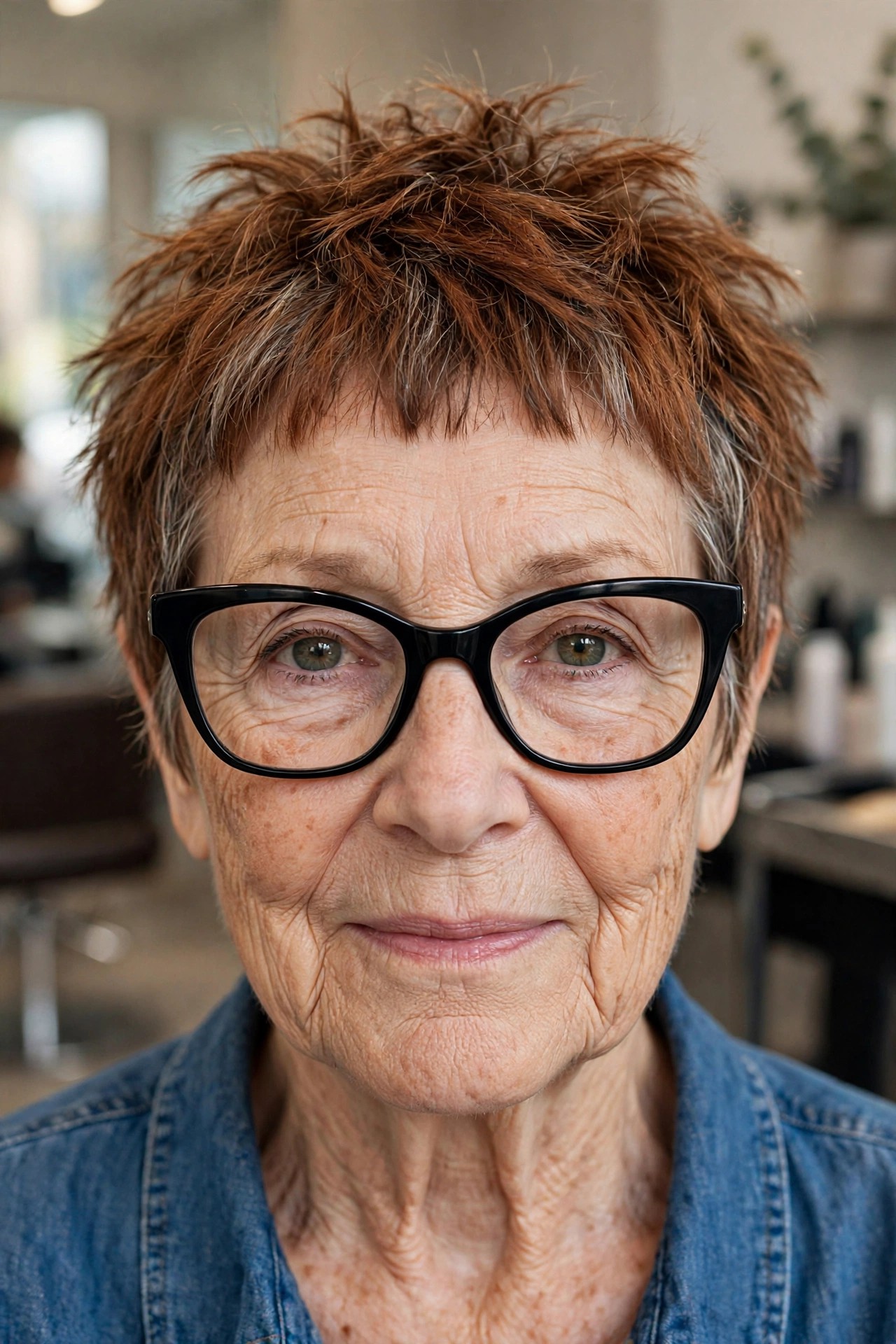 Choppy Bangs Kept Clear of Black Cat-Eye Frames on an Auburn Pixie-Bob - bangs for a woman over 60 with glasses