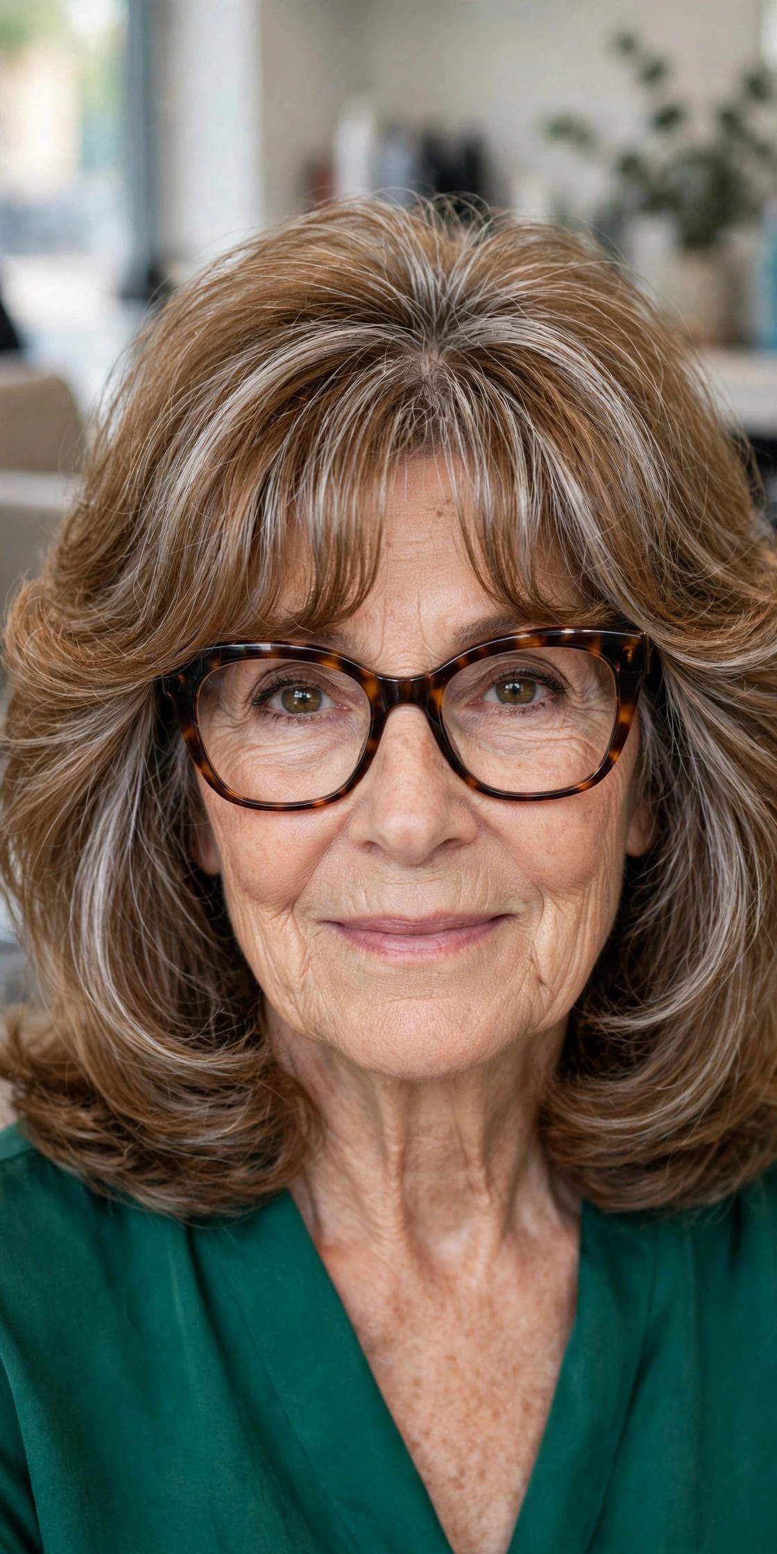 Bardot Curtain Bangs Framing Bold Tortoiseshell Frames on a Blowout Lob - bangs for a woman over 60 with glasses
