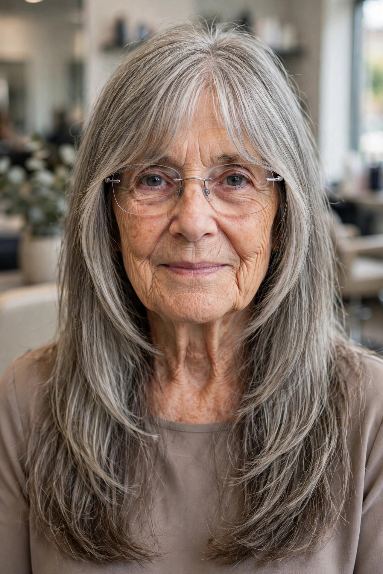 Grown-Out Bangs Blending Past Rimless Frames on Long Layers - bangs for a woman over 60 with glasses