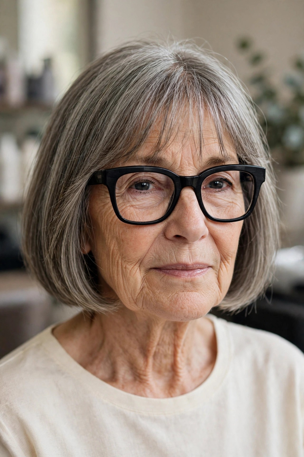 Wispy Brow-Grazing Bangs With Bold Black Frames and a Chin Bob - bangs for a woman over 60 with glasses