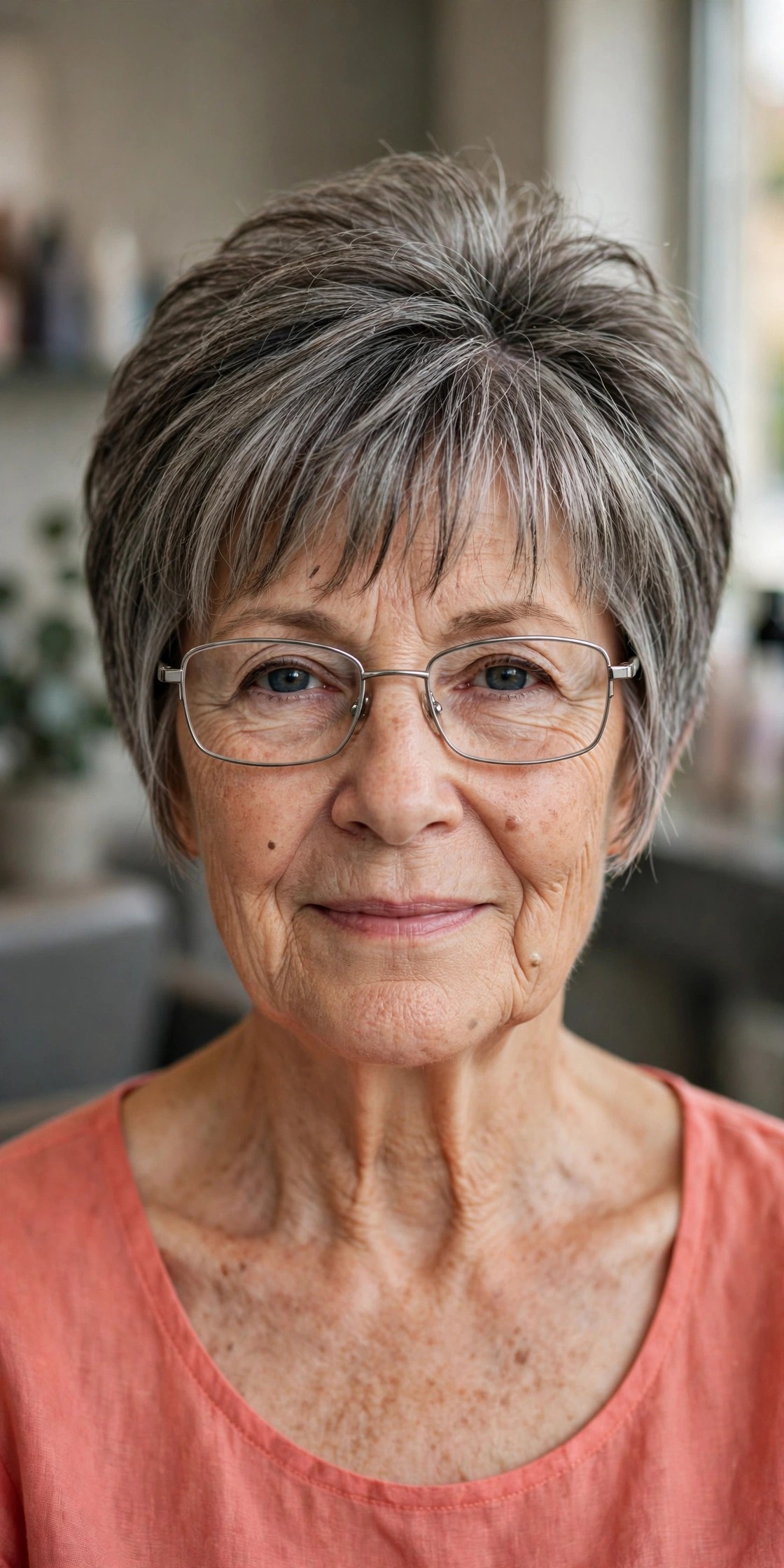 Tapered Bangs Narrowing Away From Silver Frames on a Stacked Bob - bangs for a woman over 60 with glasses