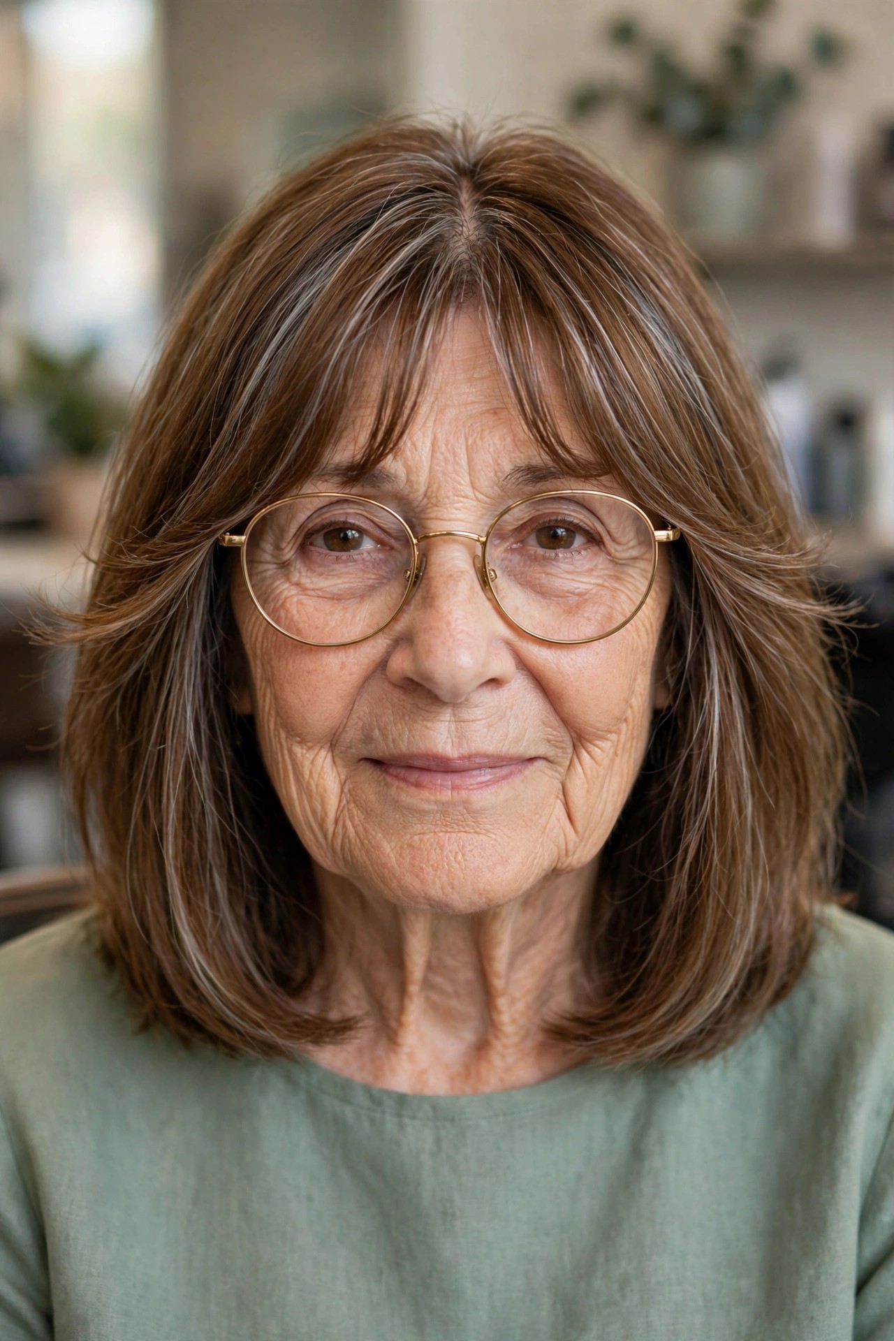 Curtain Bangs Parted Around Round Metal Frames on a Long Bob - bangs for a woman over 60 with glasses