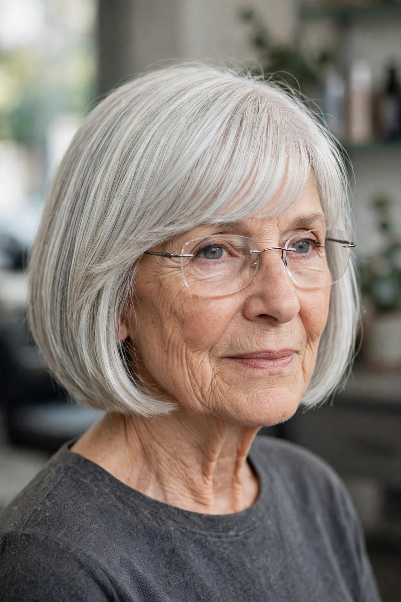 Arched Bangs Cut Above Rimless Glasses on a Sleek Silver Bob - bangs for a woman over 60 with glasses