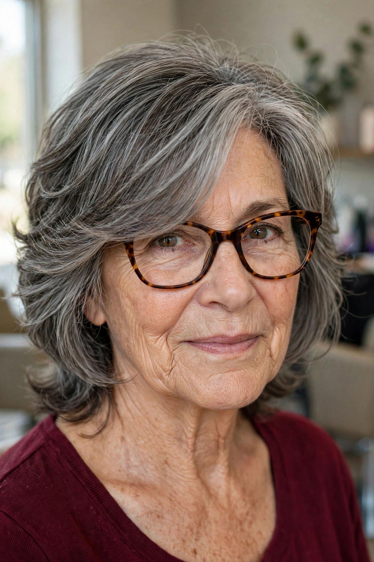 Feathered Side Bangs Sweeping Past Cat-Eye Frames - bangs for a woman over 60 with glasses