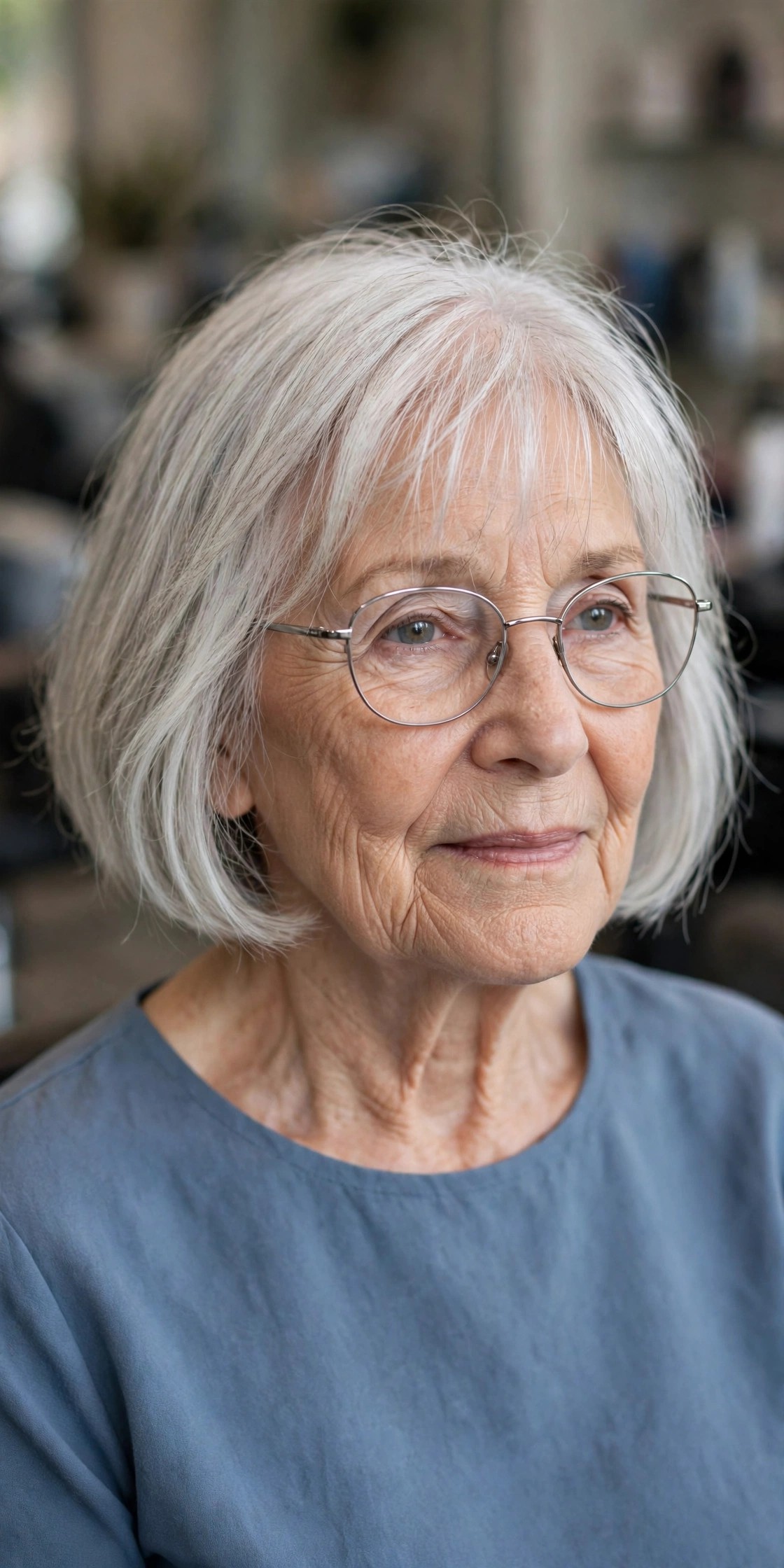 See-Through Airy Bangs With Thin Metal Frames for Fine Hair - bangs for a woman over 60 with glasses