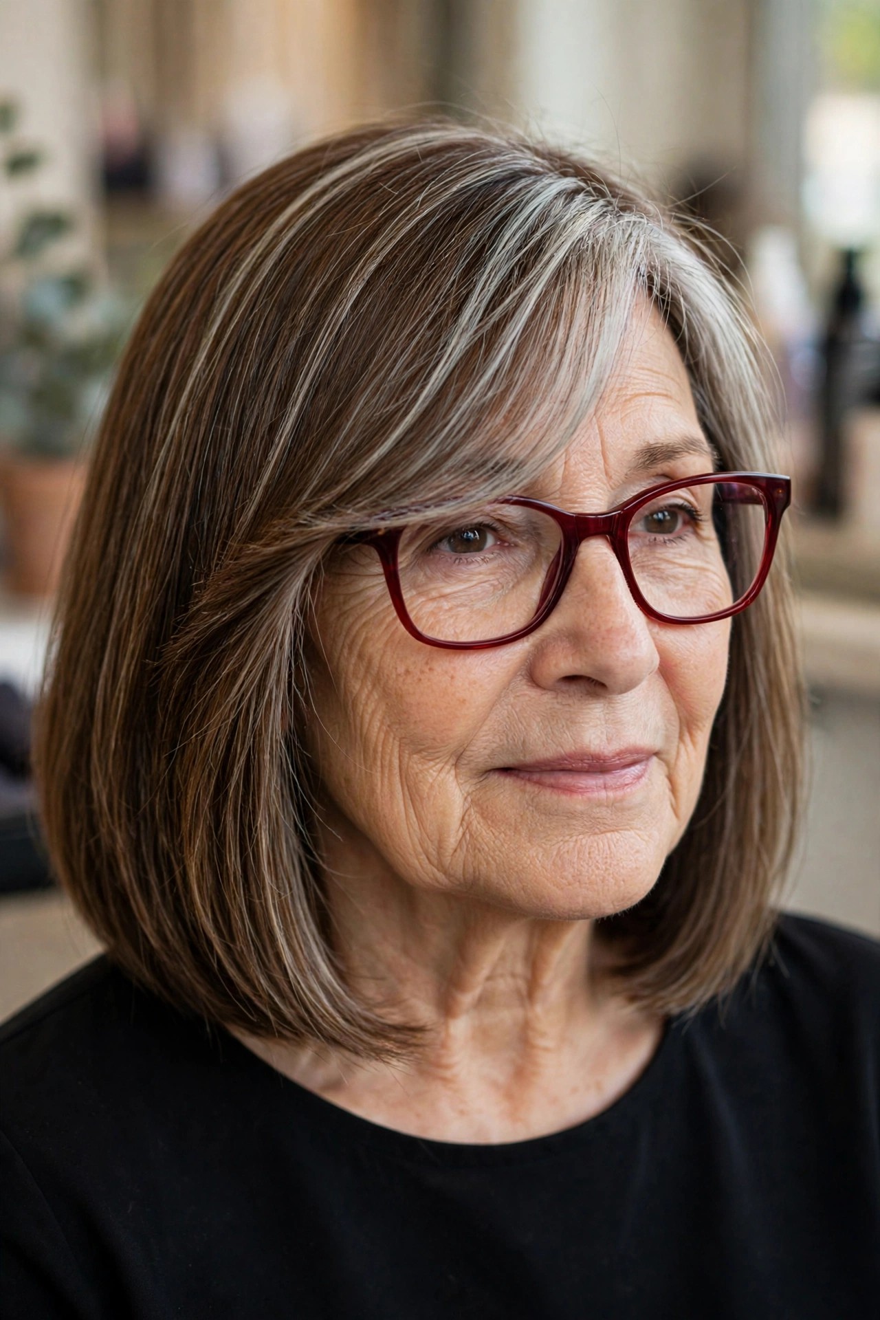 Long Side Bangs Tucked Behind the Frame Arm on a Long Bob - bangs for a woman over 60 with glasses