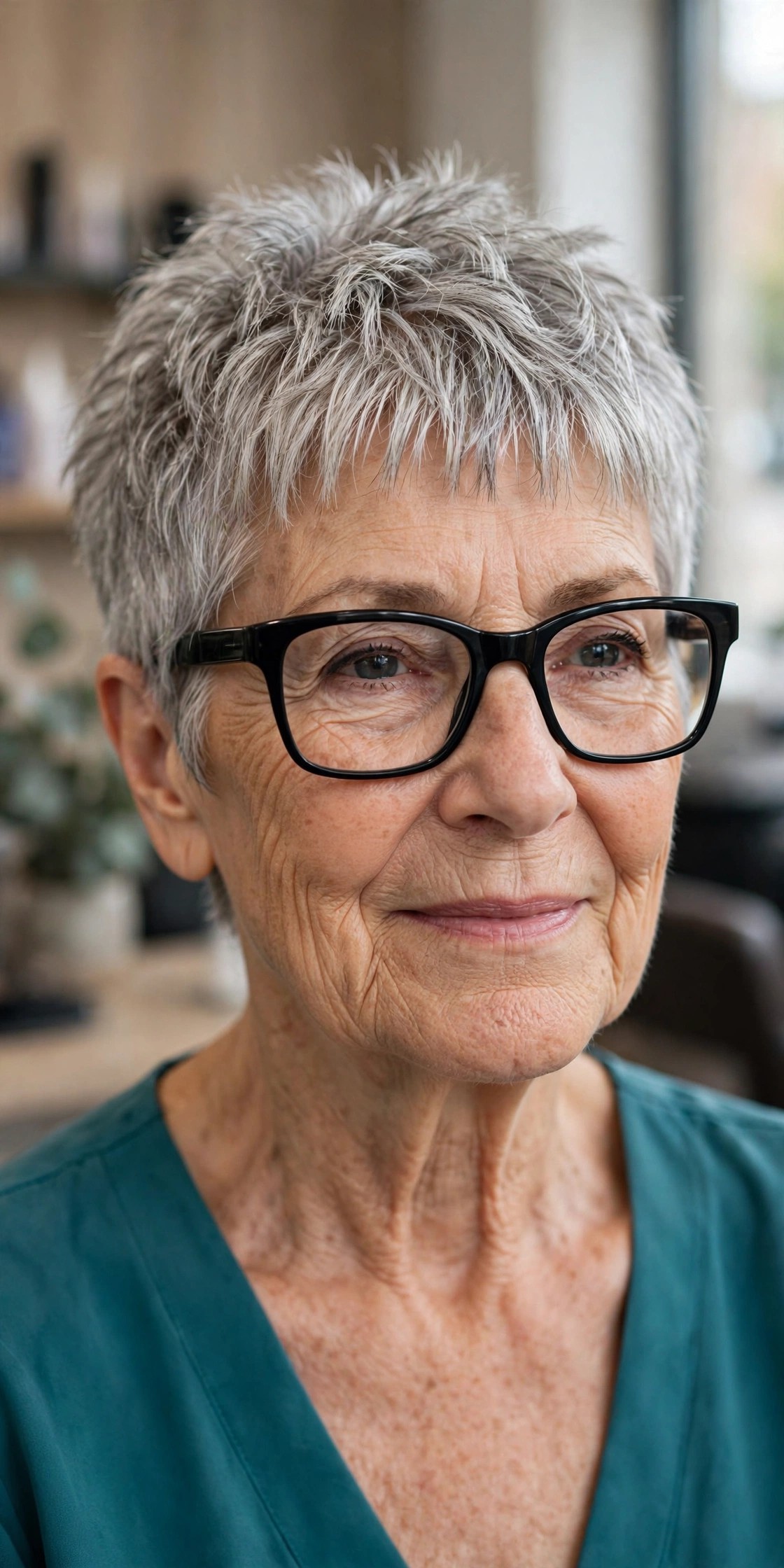 Piecey Fringe Ending Above Bold Frames on a Textured Pixie - bangs for a woman over 60 with glasses