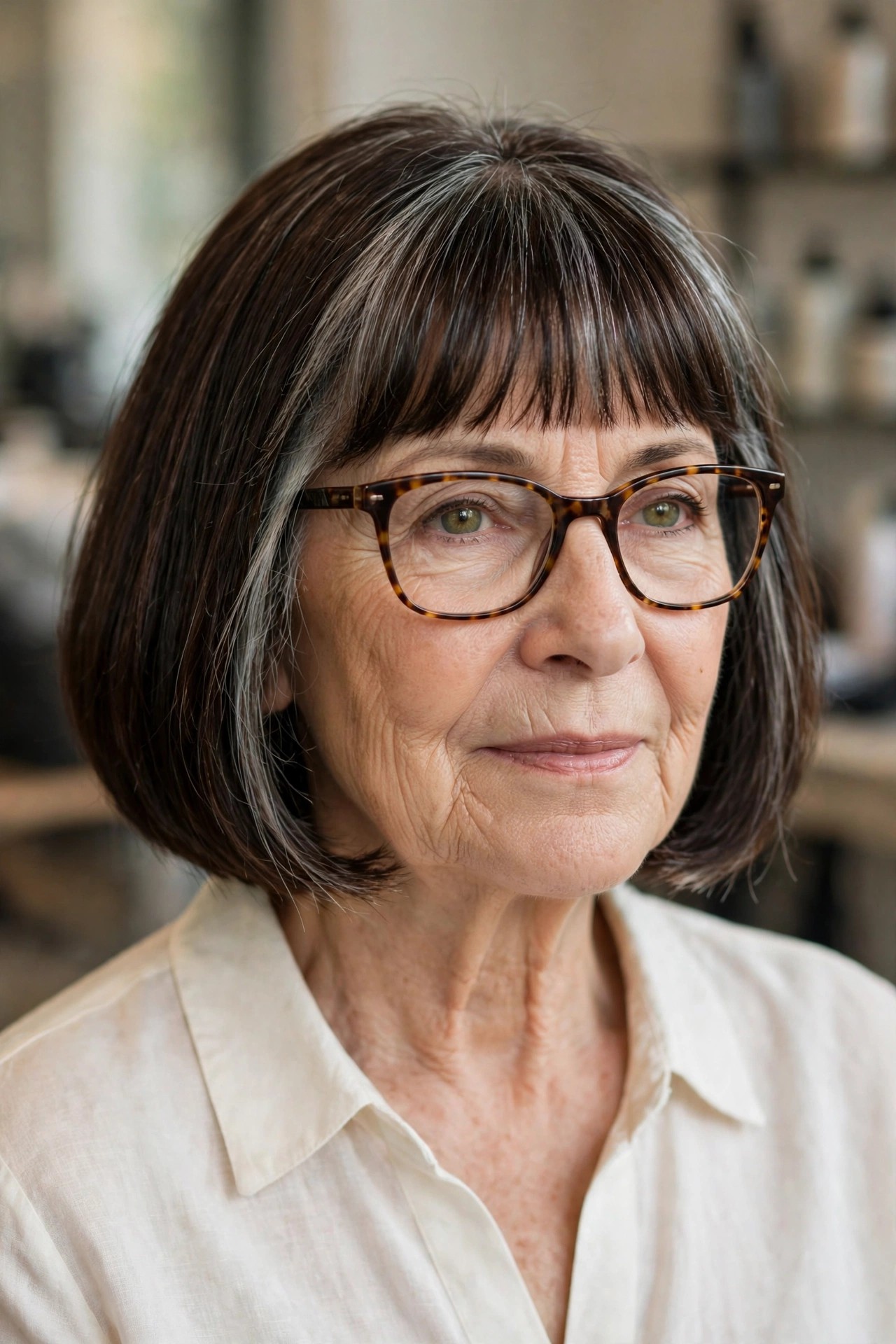 Soft Blunt Bangs Sitting Just Above Tortoiseshell Frames - bangs for a woman over 60 with glasses