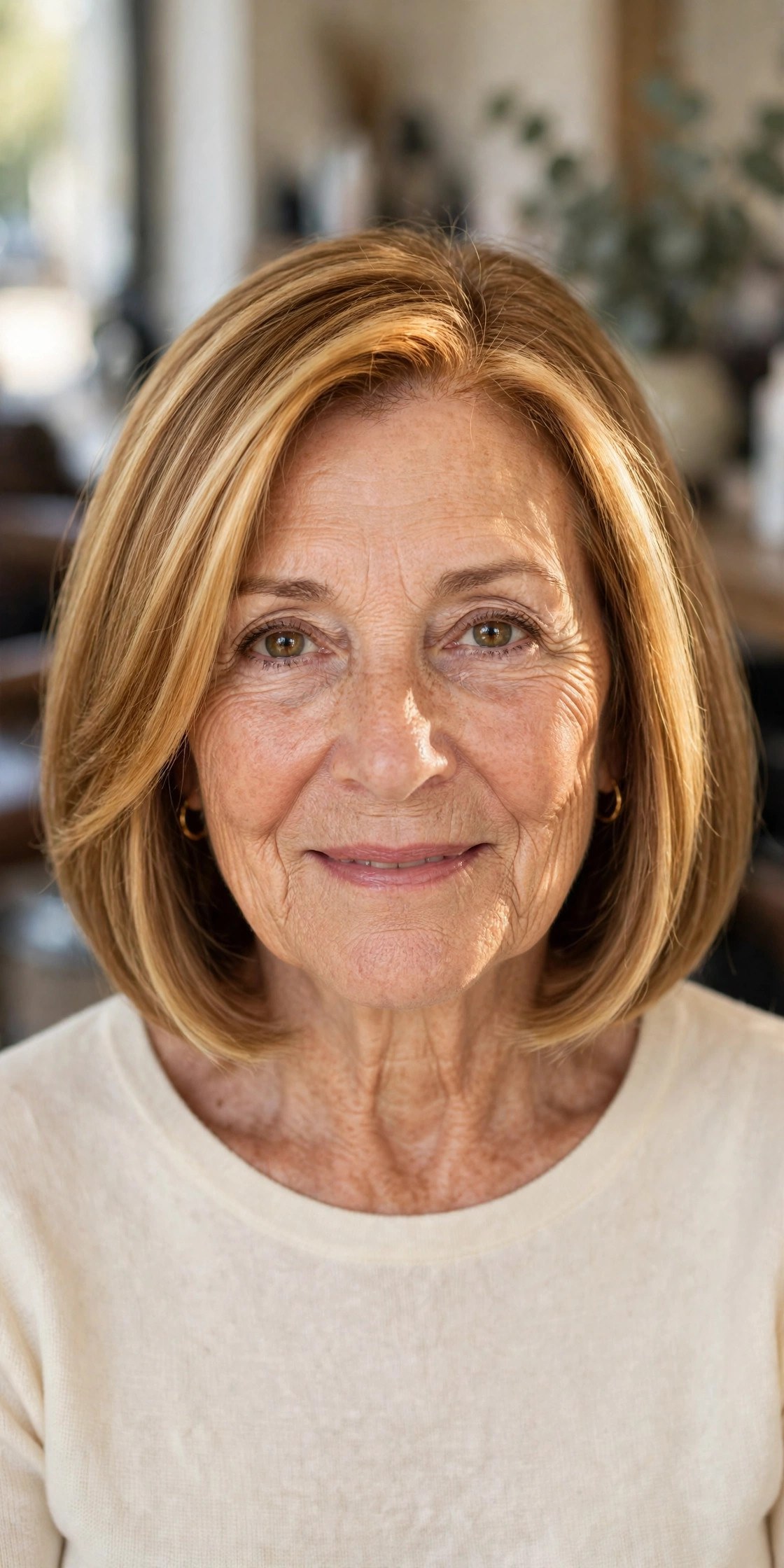 Warm Honey Blonde with Face-Framing Highlights - face-brightening hair color on a woman over 50