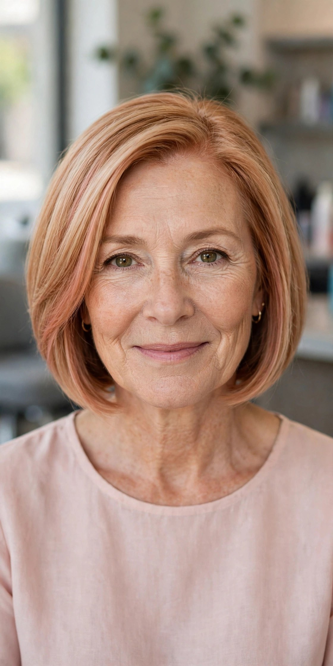 Strawberry Blonde with a Soft Rosy Glow - face-brightening hair color on a woman over 50