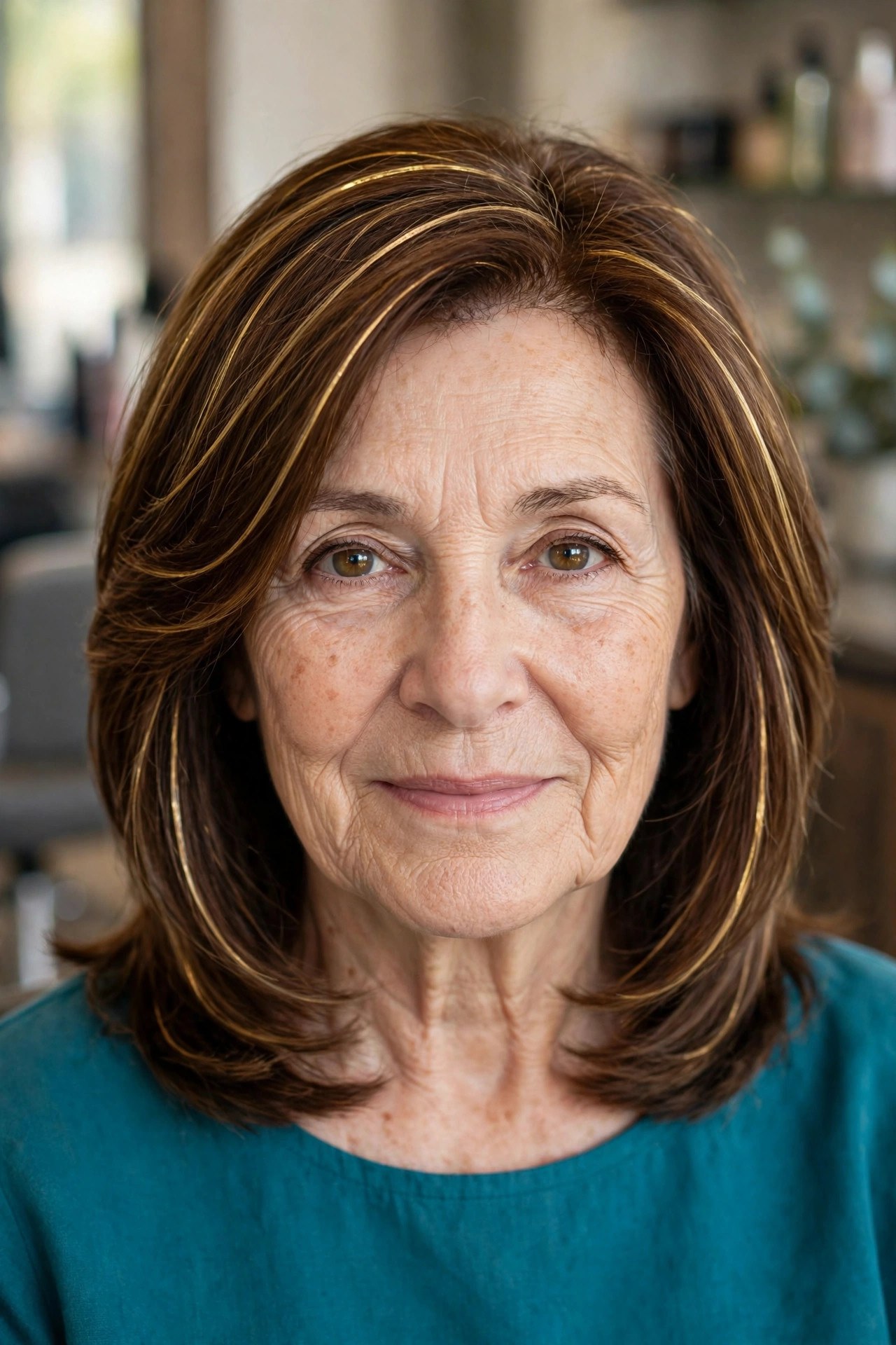 Chestnut Brown with Golden Ribbons - face-brightening hair color on a woman over 50