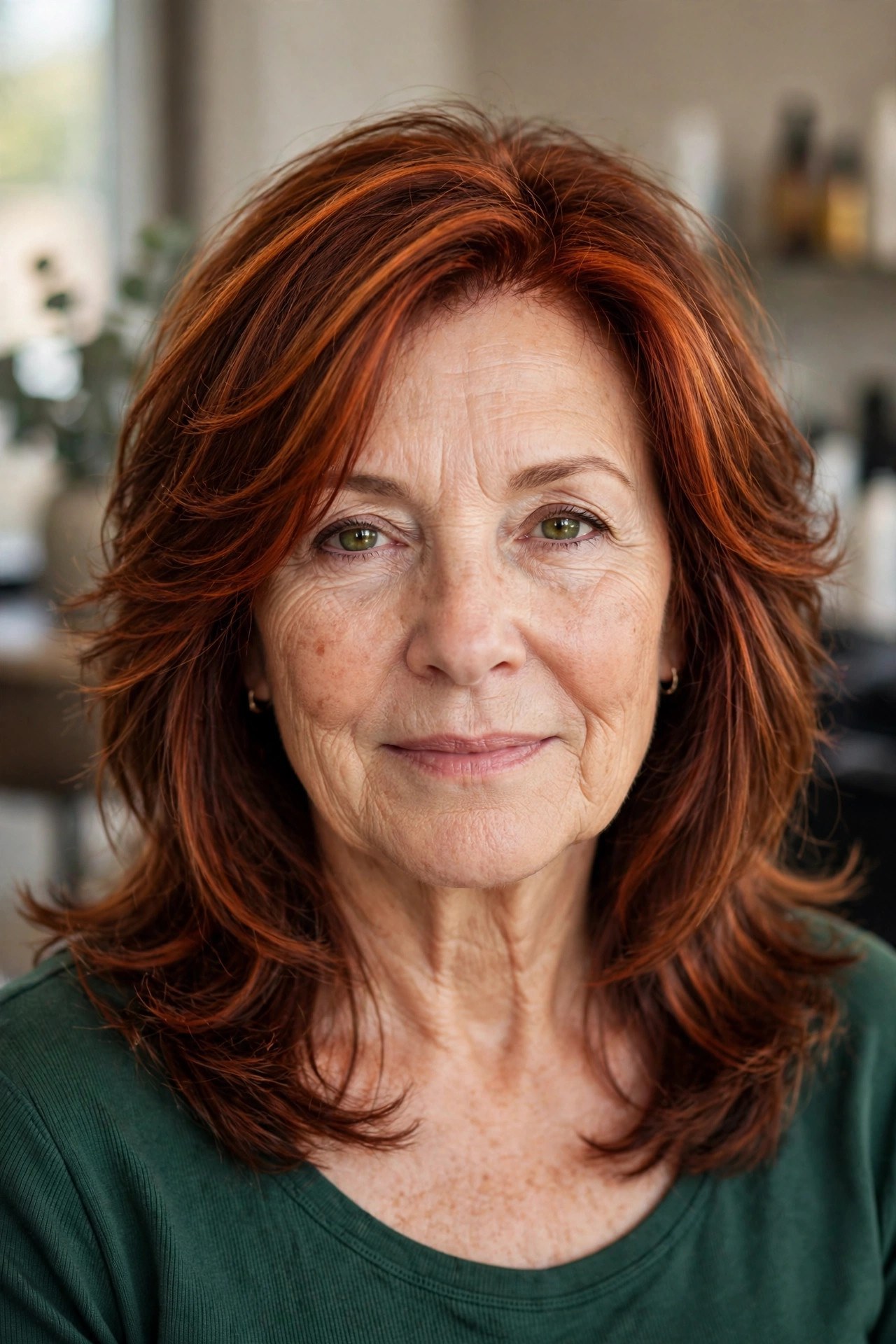 Auburn Lifted with Copper Highlights - face-brightening hair color on a woman over 50