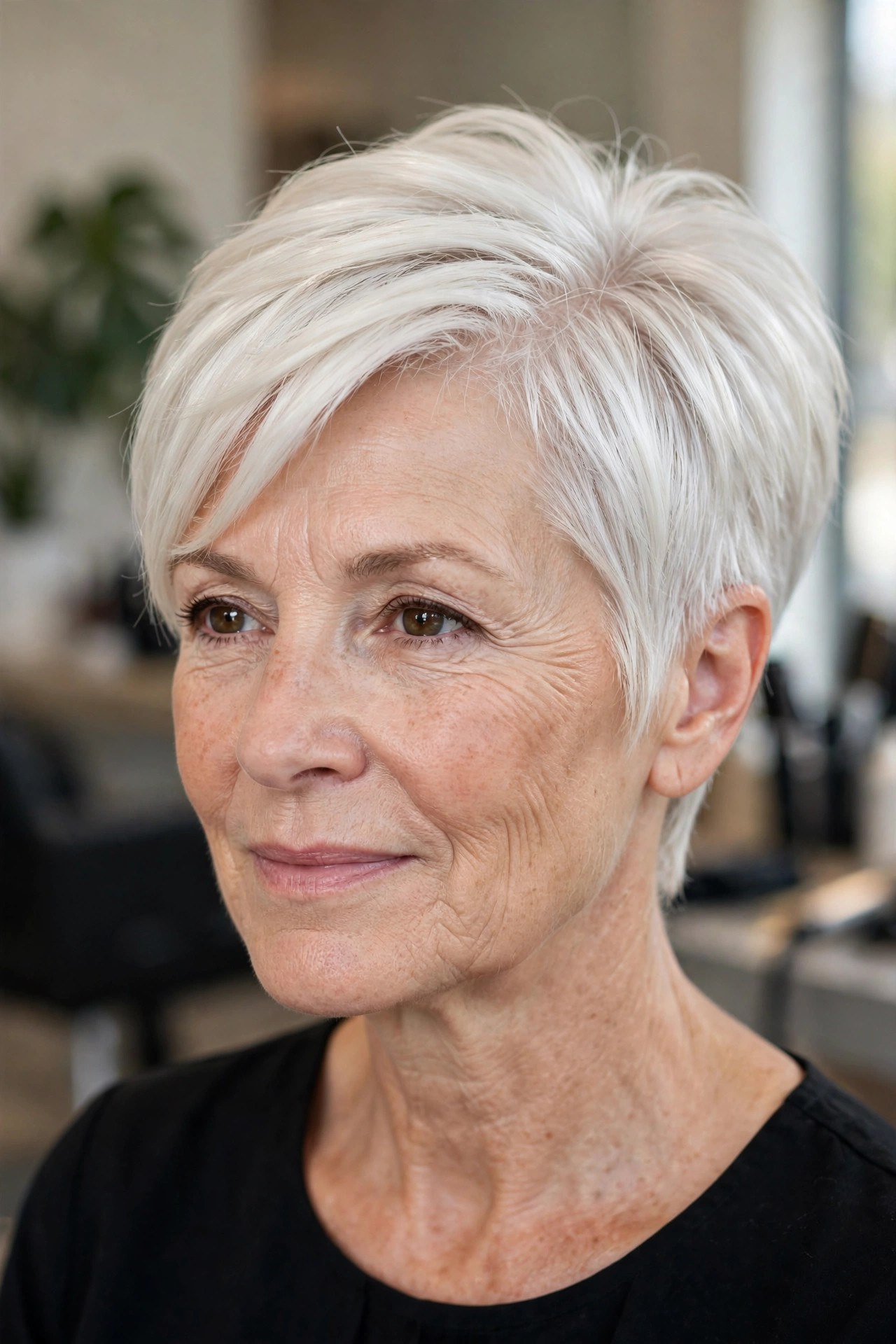 Platinum Blonde Pixie with a Bright Finish - face-brightening hair color on a woman over 50