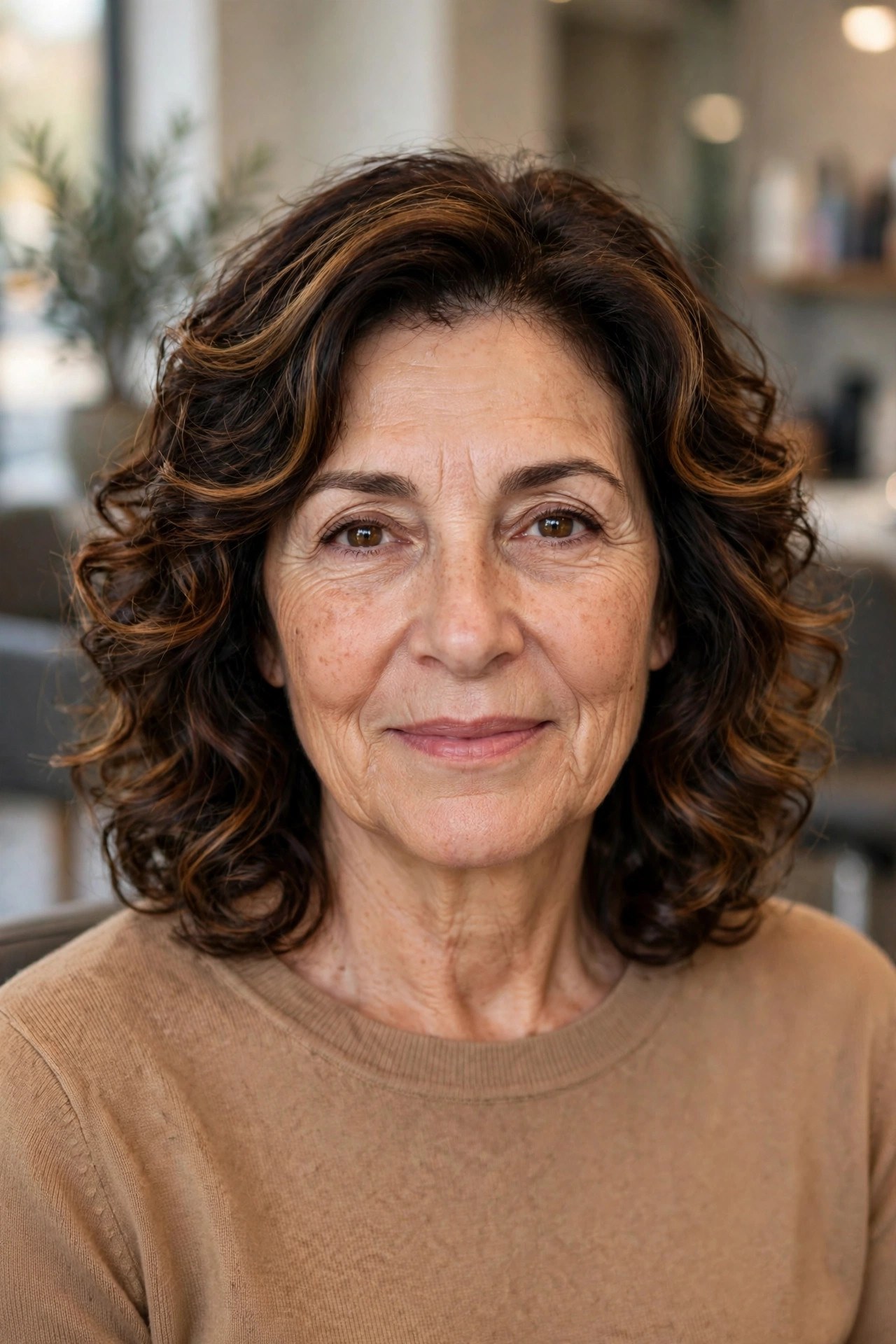 Warm Toffee Highlights on Dark Brown - face-brightening hair color on a woman over 50