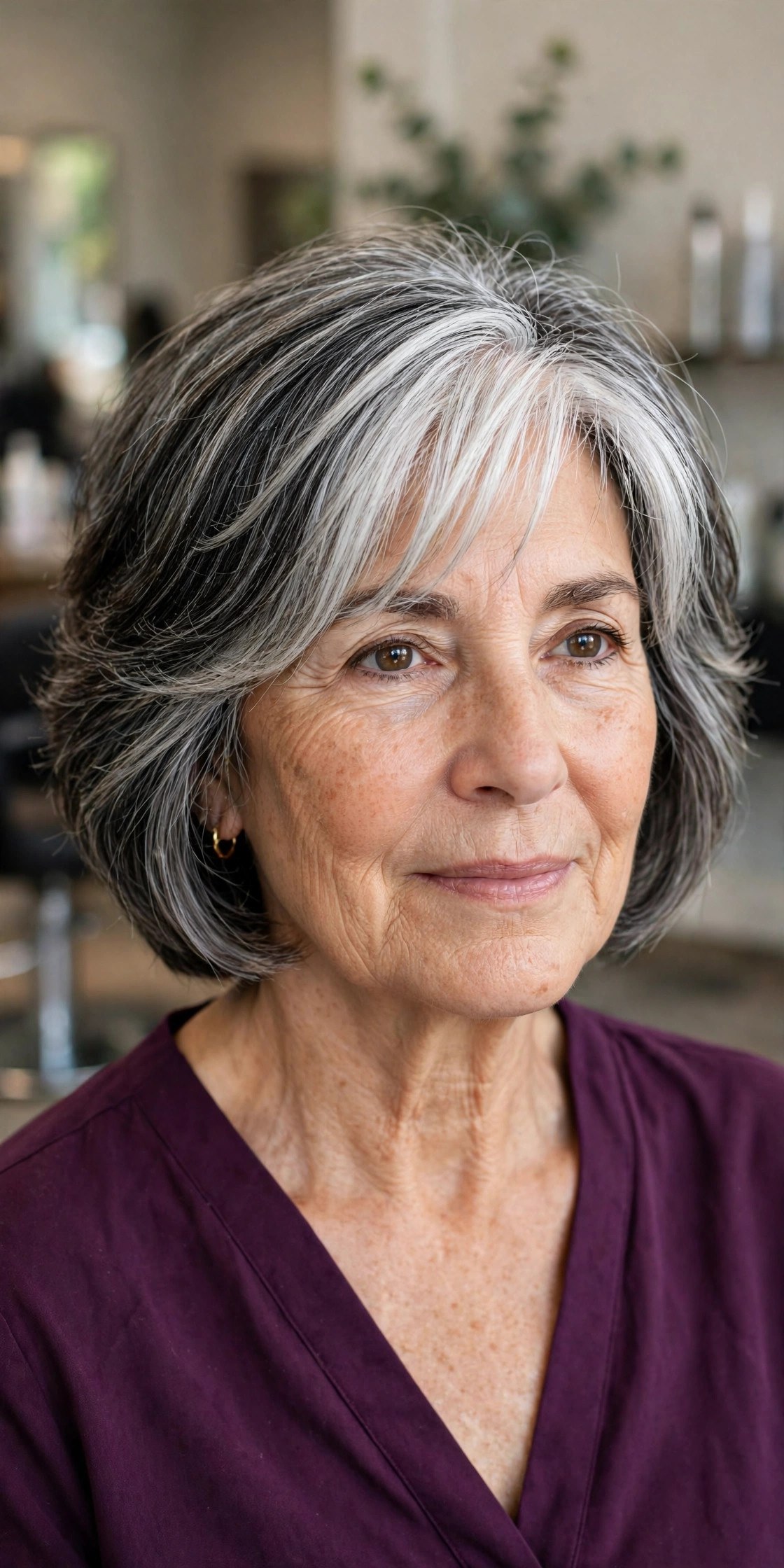 Salt-and-Pepper with a Brightened Front - face-brightening hair color on a woman over 50
