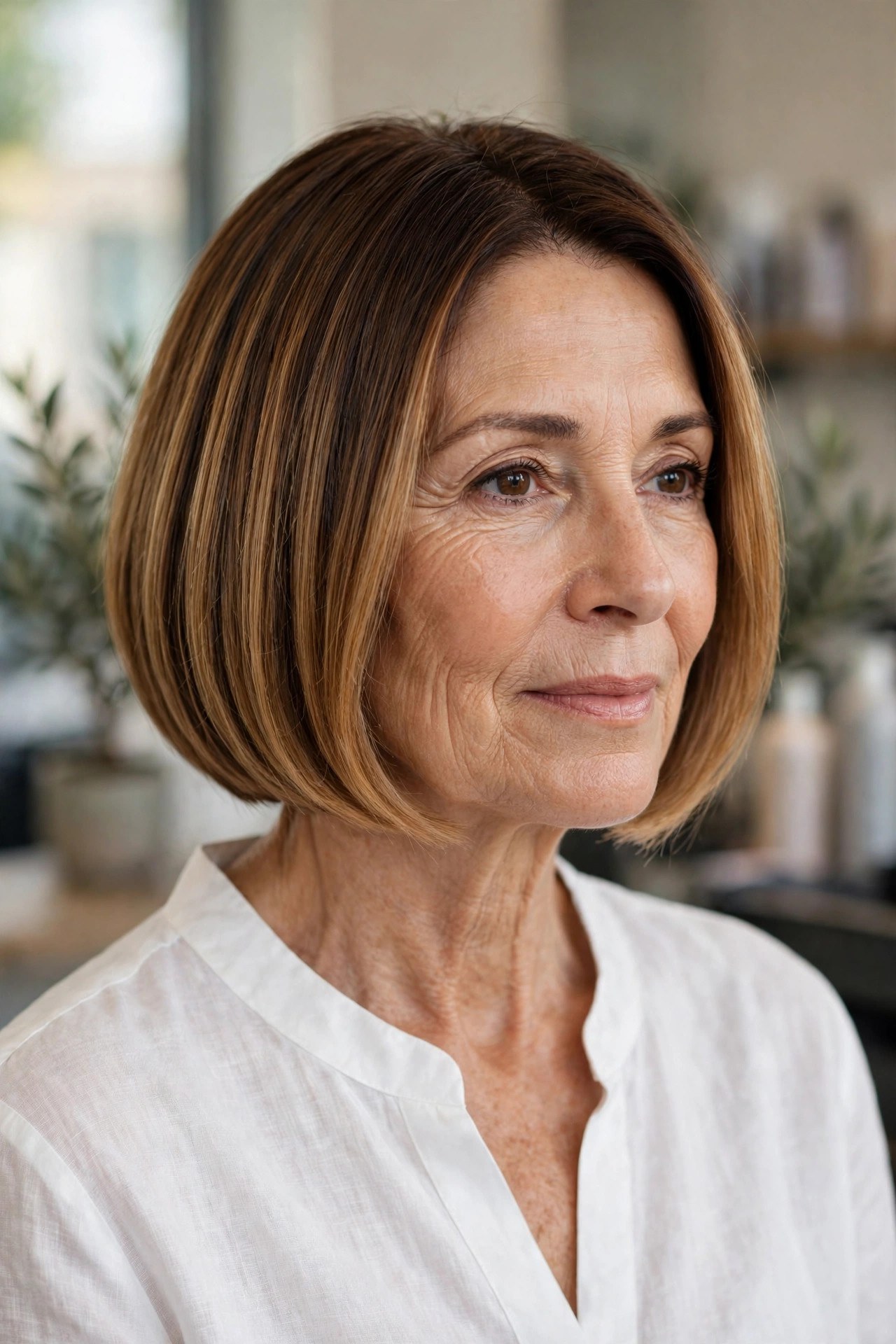 Caramel Melt on a Sleek Short Bob - face-brightening hair color on a woman over 50