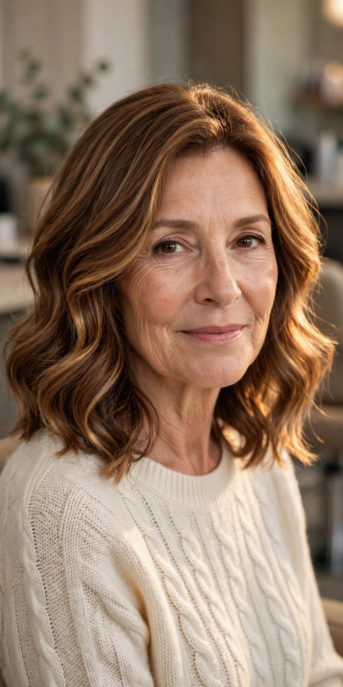 Warm Mocha with a Candlelit Glow - face-brightening hair color on a woman over 50