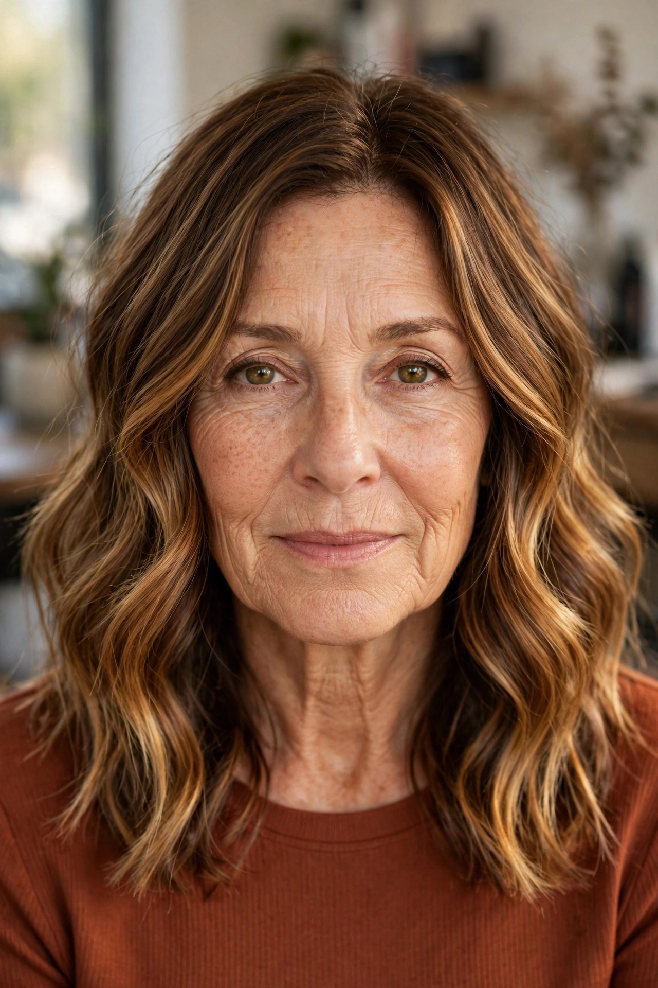 Golden Caramel Balayage on a Brunette Base - face-brightening hair color on a woman over 50