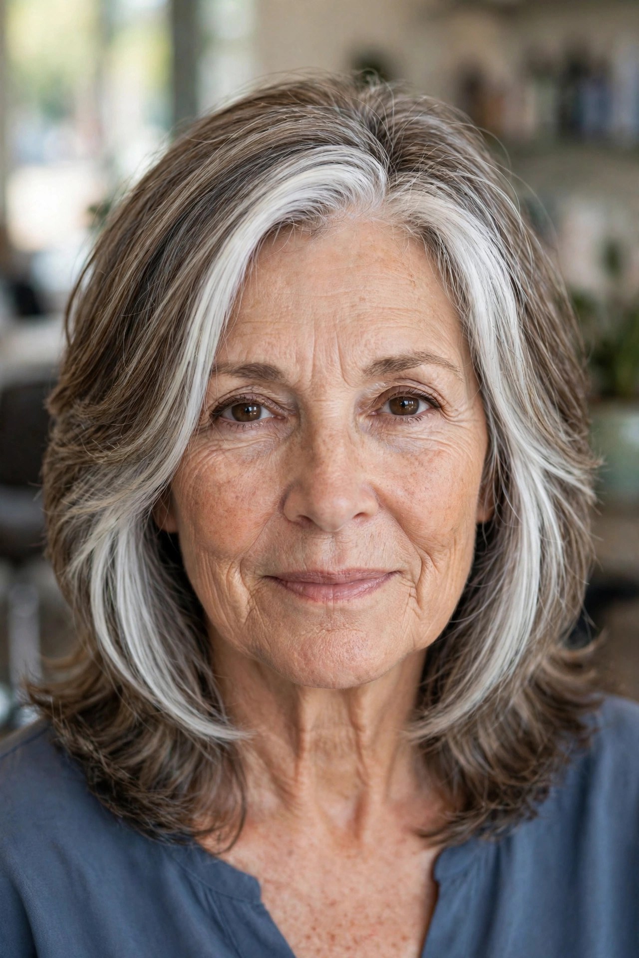 Natural Gray Blend with a Bright Silver Money Piece - face-brightening hair color on a woman over 50