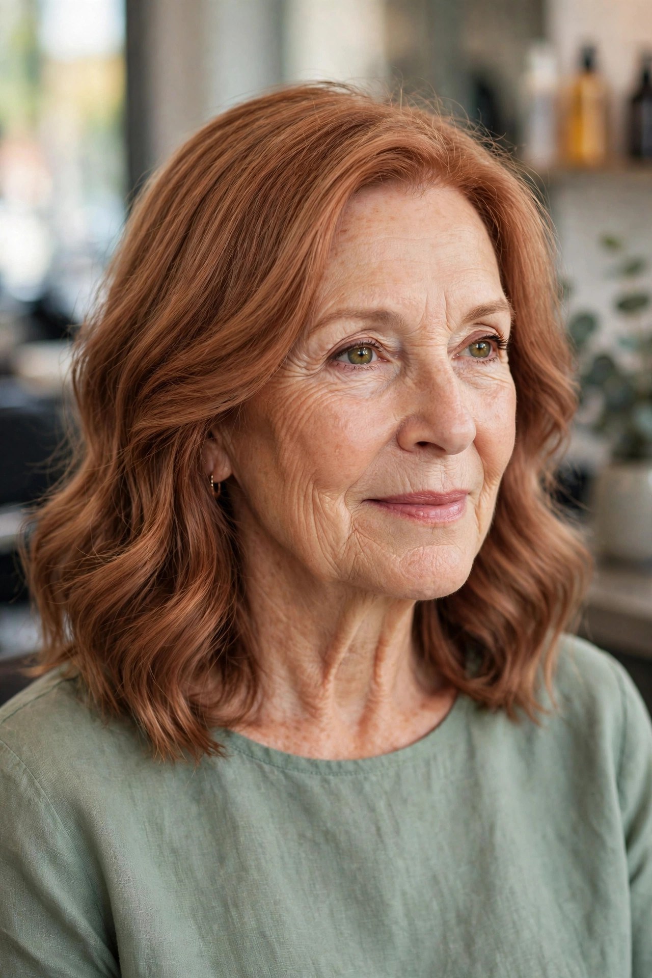 Soft Copper with a Glossy Finish - face-brightening hair color on a woman over 50