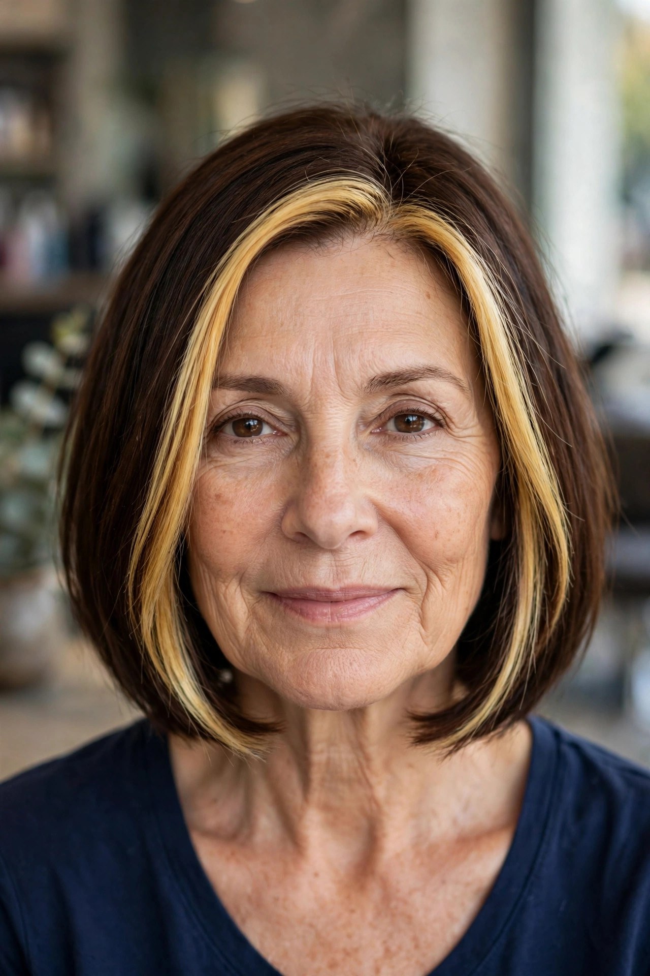 Rich Chocolate Brown with a Bold Golden Money Piece - face-brightening hair color on a woman over 50