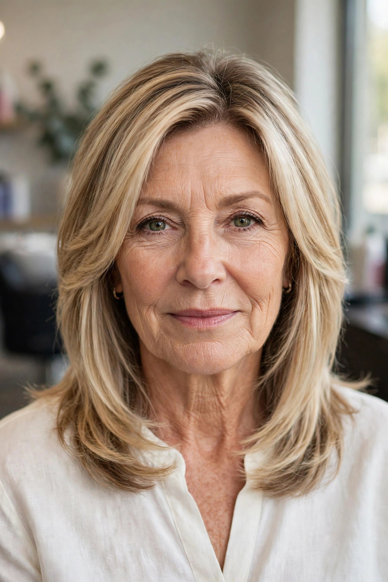 Champagne Blonde with a Soft Root Shadow - face-brightening hair color on a woman over 50
