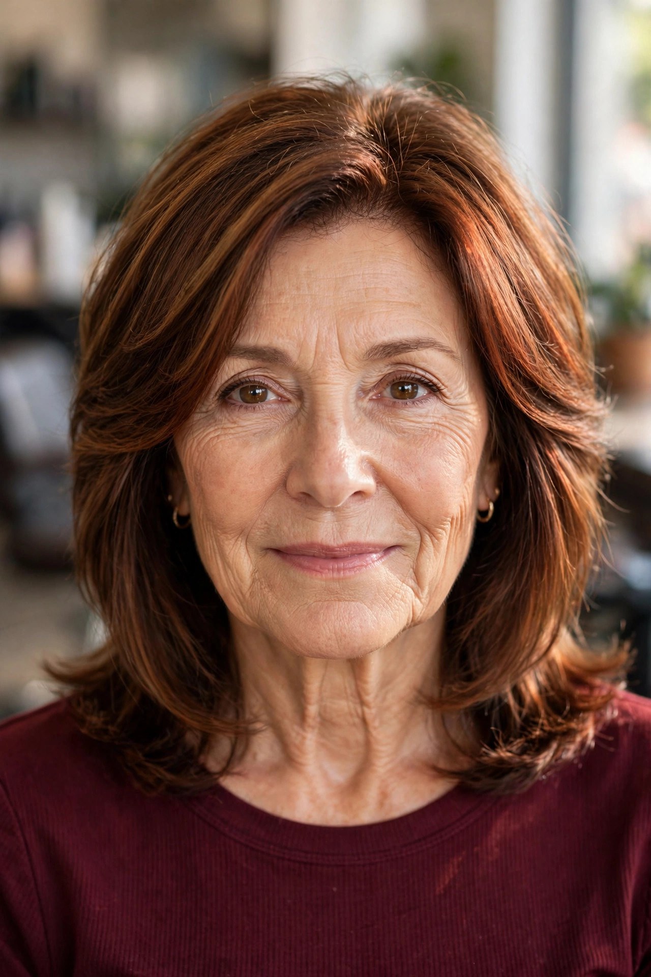 Cinnamon Spice on a Warm Brunette Base - face-brightening hair color on a woman over 50