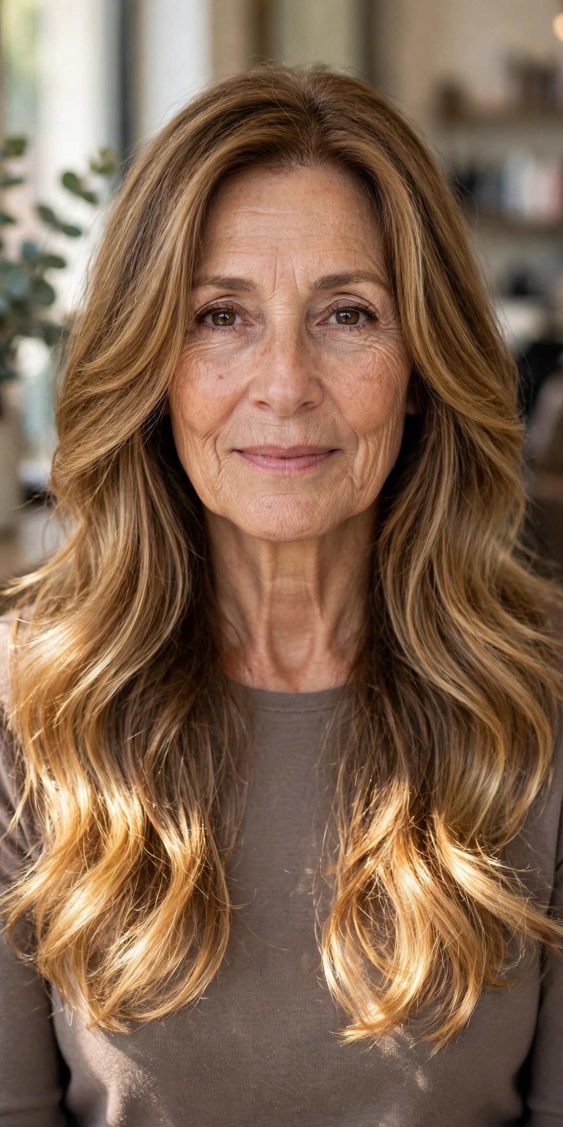 Golden Brown with Sun-Kissed Ends - face-brightening hair color on a woman over 50