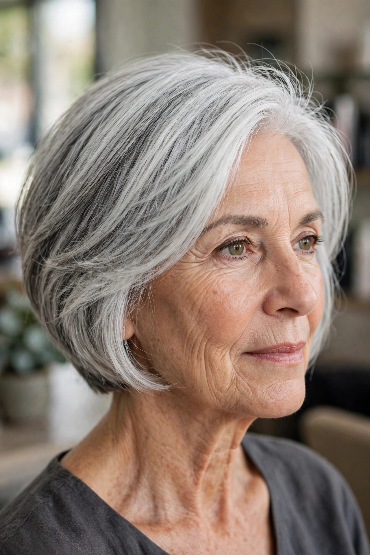 Bright Silver with Dimensional Lowlights - face-brightening hair color on a woman over 50