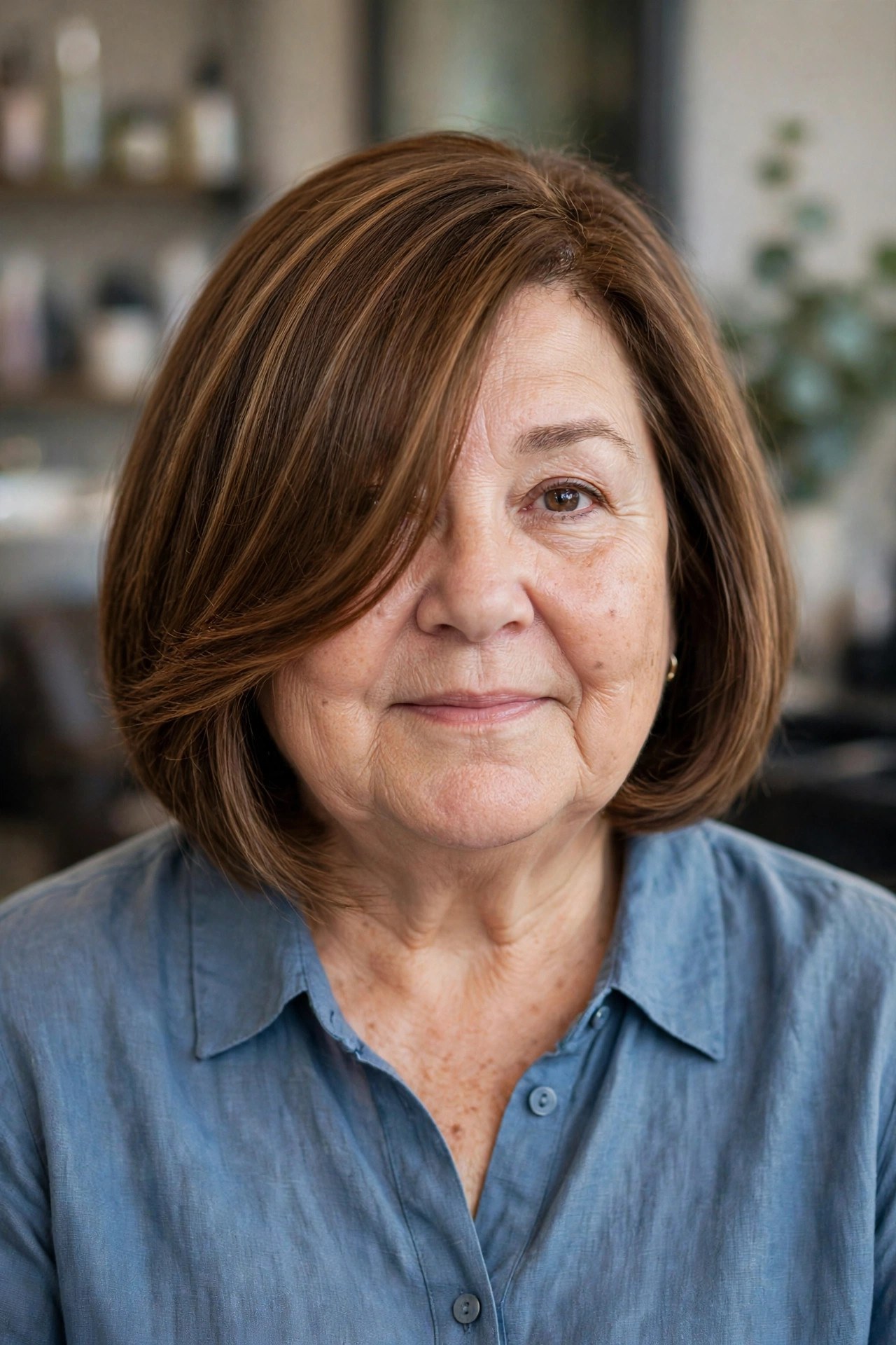 Bob with Long Side-Swept Bangs on a woman over 50 with a round face - bob cut that adds angles