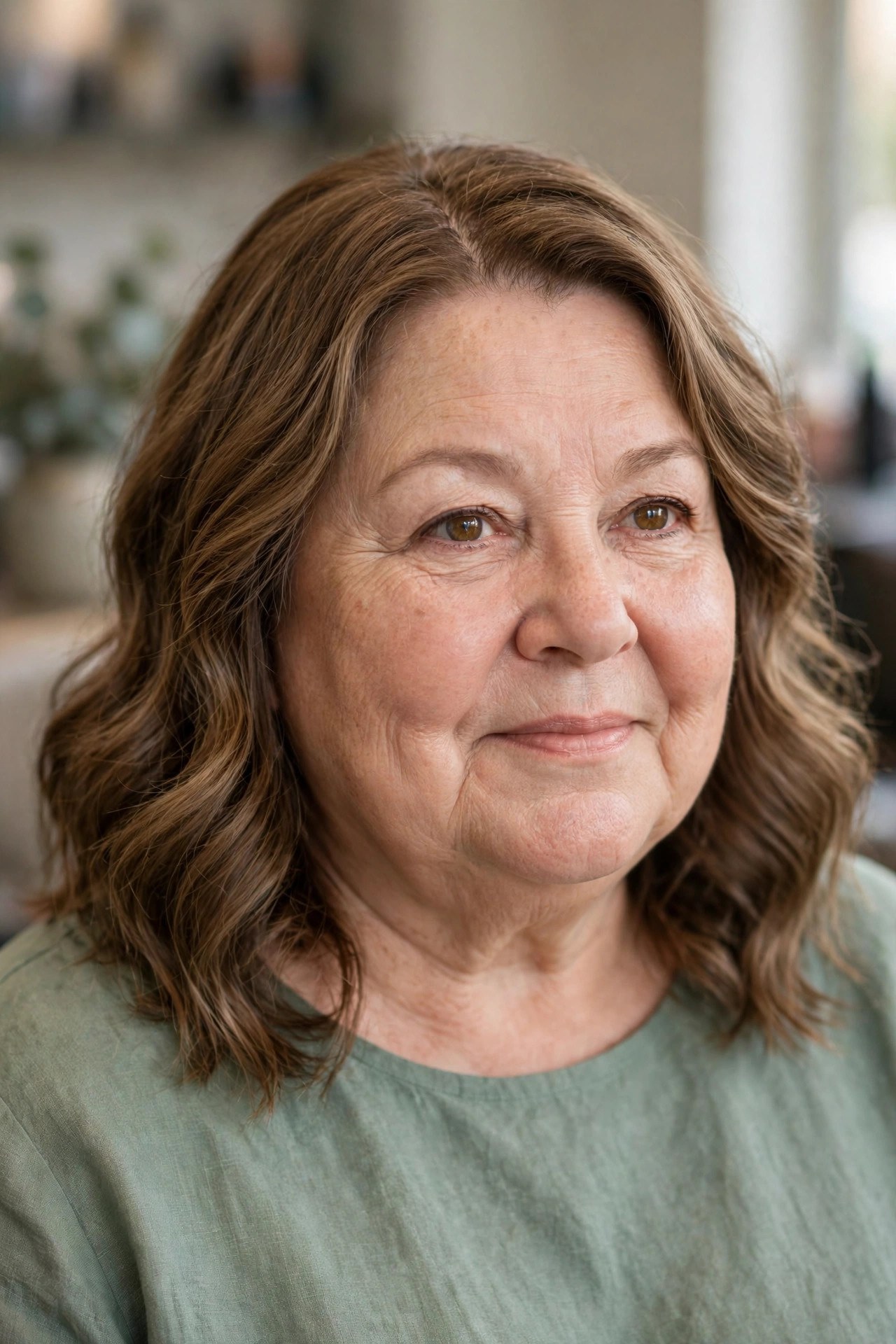Wavy Lob with an Off-Centre Part on a woman over 50 with a round face - bob cut that adds angles