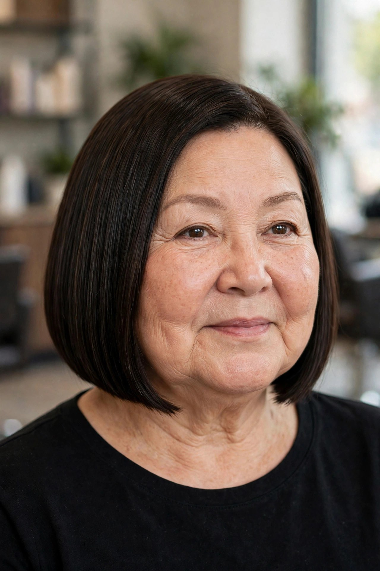 Blunt Bob Below the Chin on a woman over 50 with a round face - bob cut that adds angles