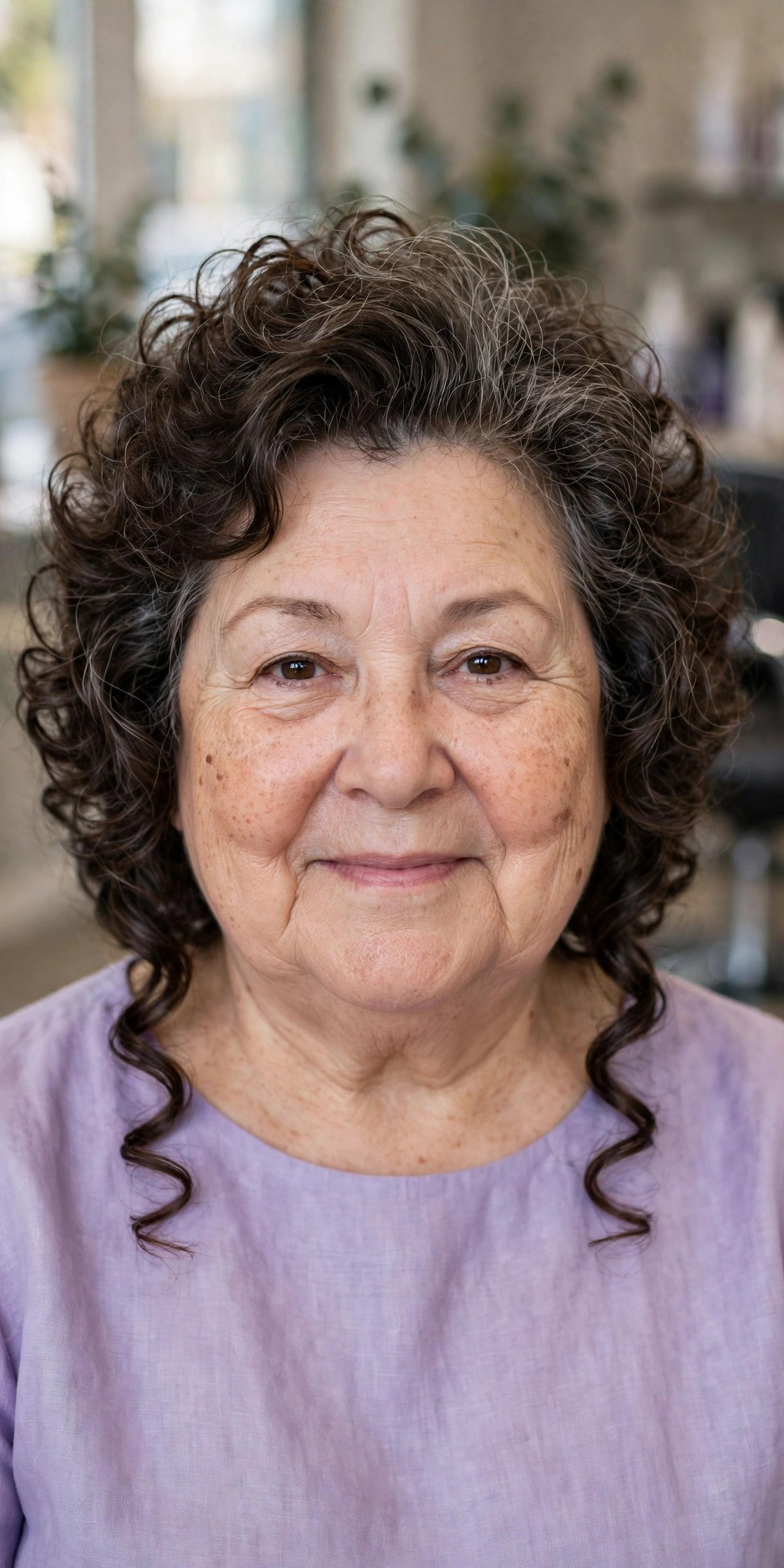 Curly Bob with Height at the Crown on a woman over 50 with a round face - bob cut that adds angles