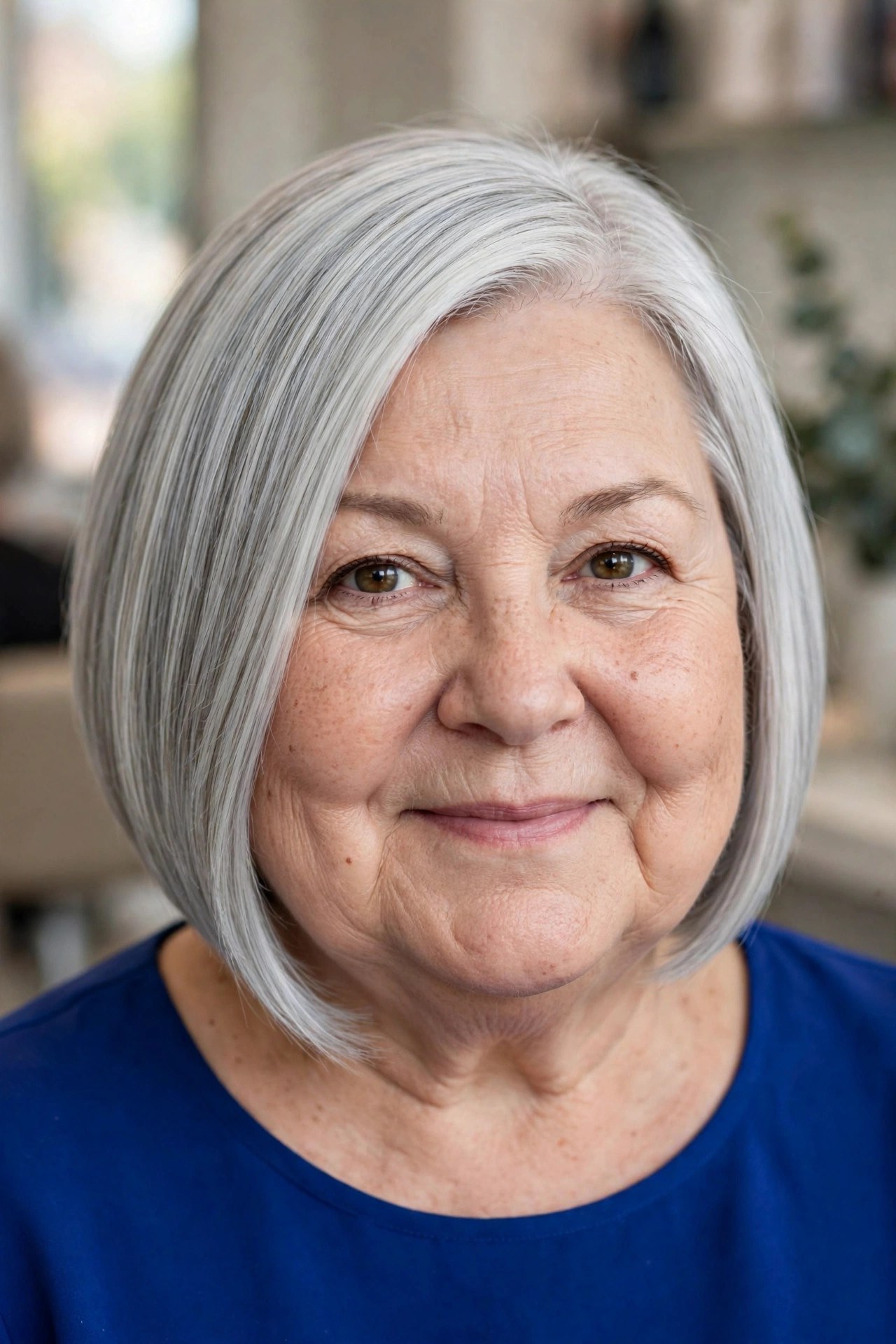 Sleek Silver Angled Bob on a woman over 50 with a round face - bob cut that adds angles