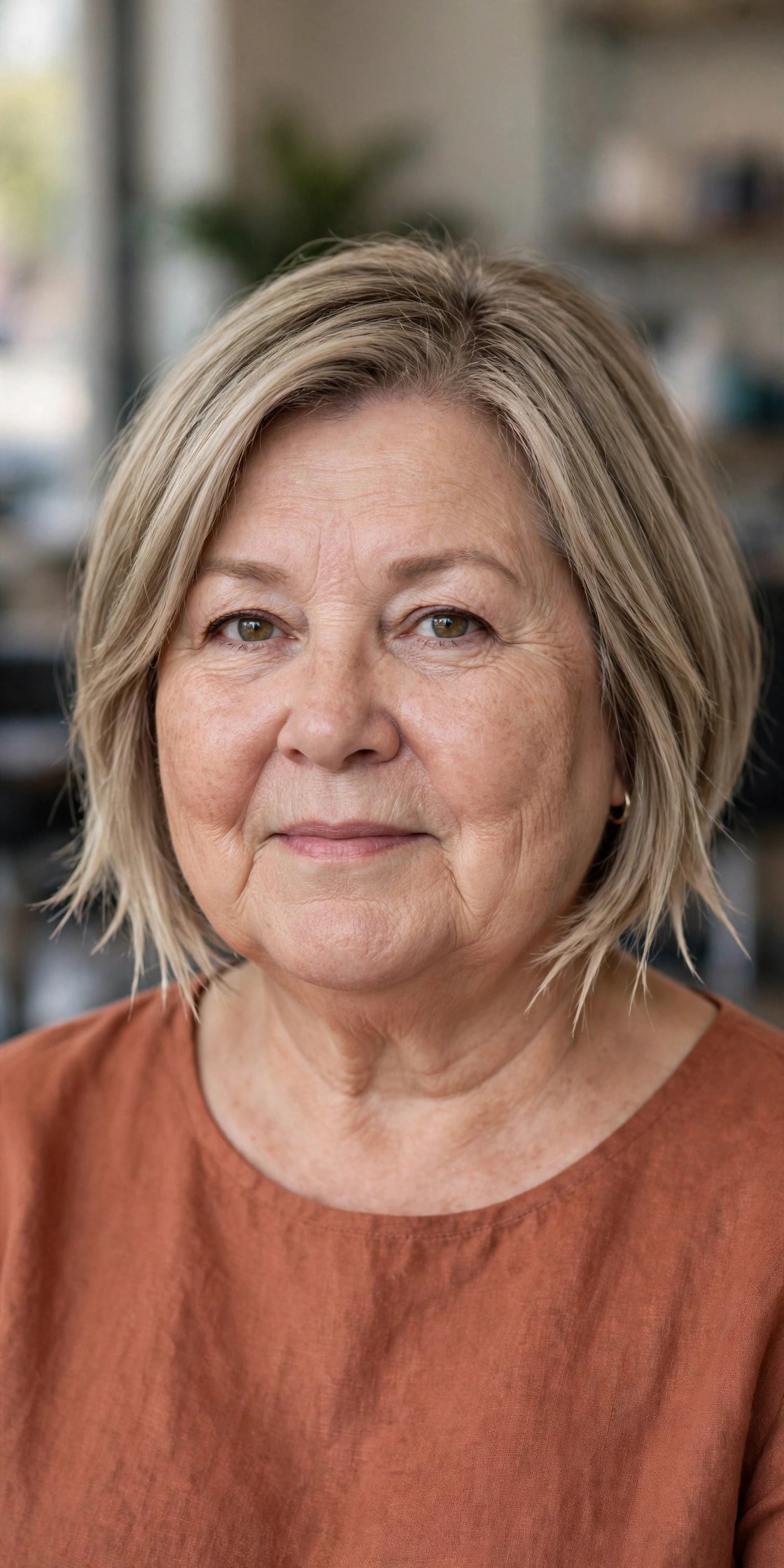 Razored Bob with Pointed Ends on a woman over 50 with a round face - bob cut that adds angles