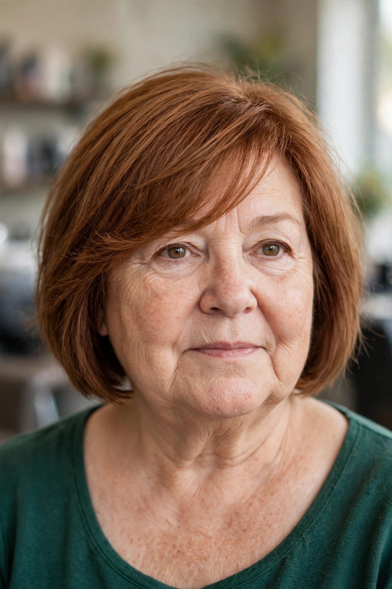 Bob with a Wispy Diagonal Fringe on a woman over 50 with a round face - bob cut that adds angles