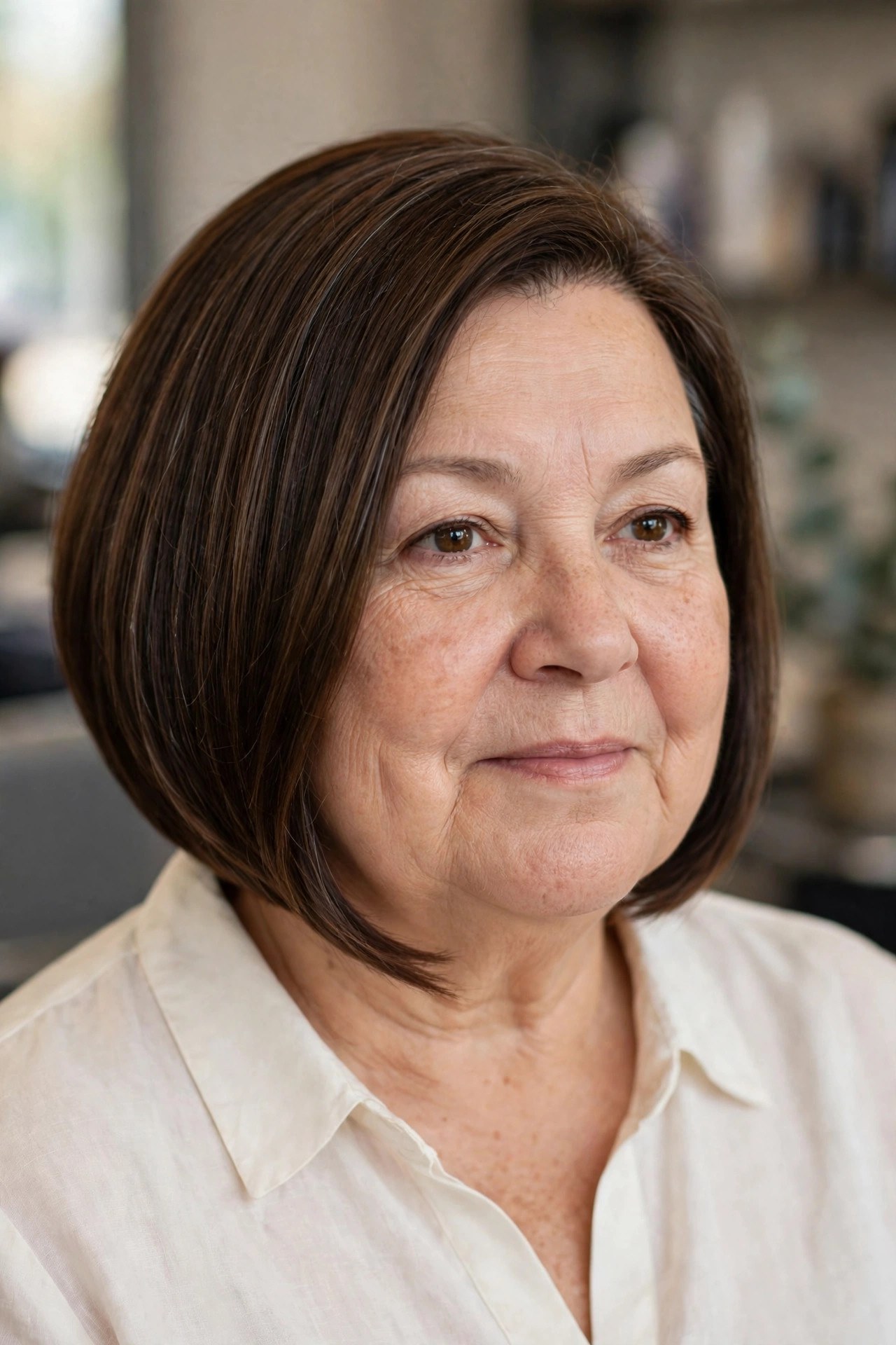 Graduated Bob with a Long Diagonal Line on a woman over 50 with a round face - bob cut that adds angles