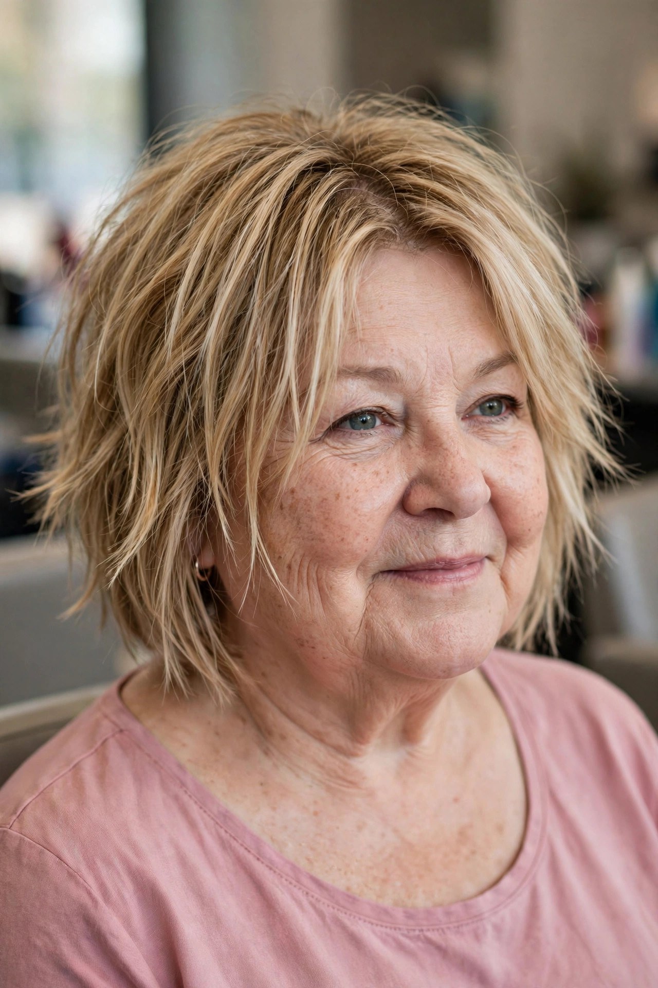 Tousled Bob with Vertical Texture on a woman over 50 with a round face - bob cut that adds angles