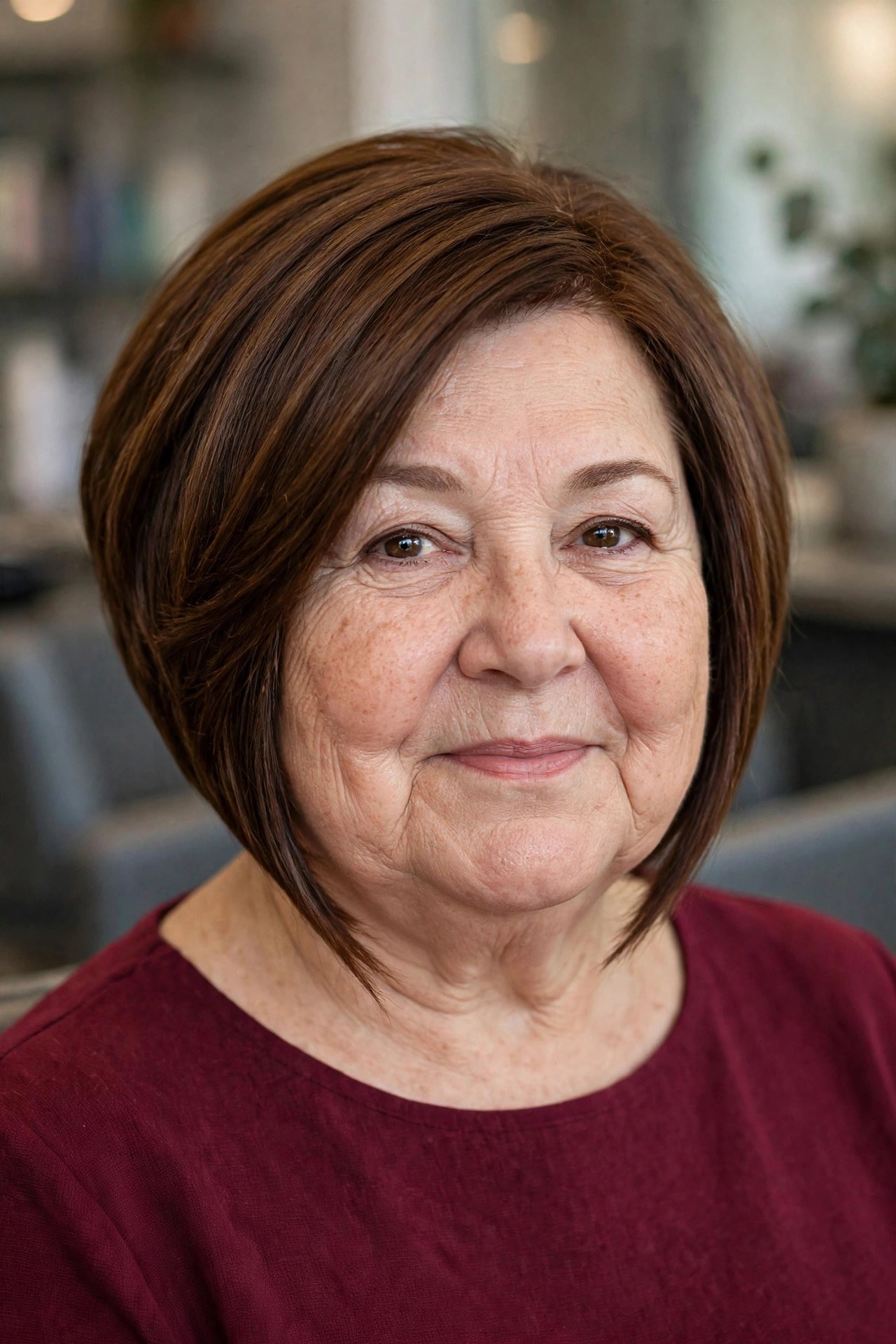 Angled A-Line Bob on a woman over 50 with a round face - bob cut that adds angles